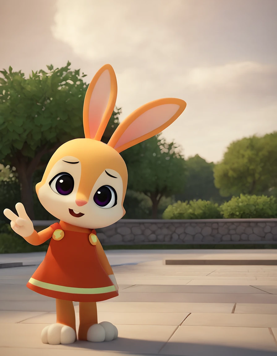 score_9,  jenipkwsr, rabbit, red dress, looking at viewer, outdoors