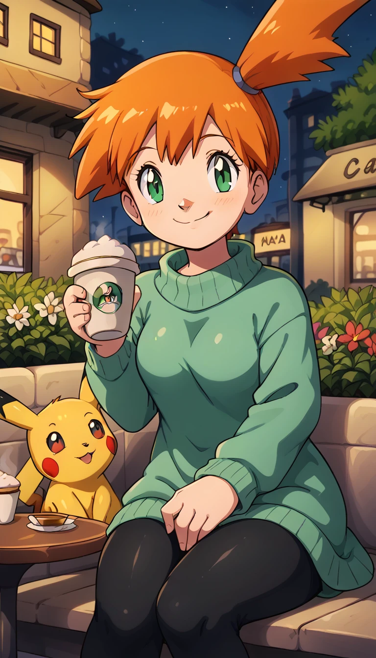 mistykasumi1x, oversized sweater, black leggings, smiling, sitting, holding coffee, outdoors, pikachu, cafe, flowers, night <lora:Misty_Pony:1>
