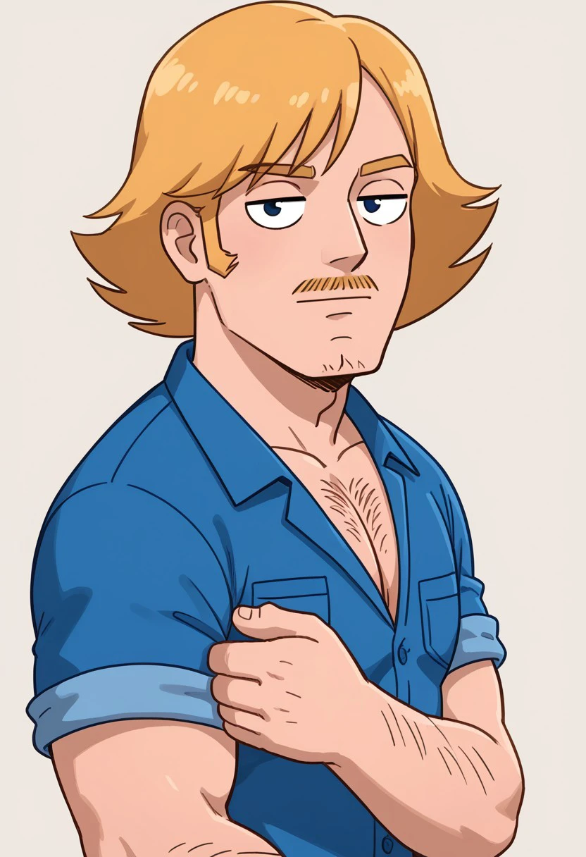 Terry Kimple, Male, Muscular, Blond hair, Facial hair, chest hair, body hair, middle age, blue shirt, portrait