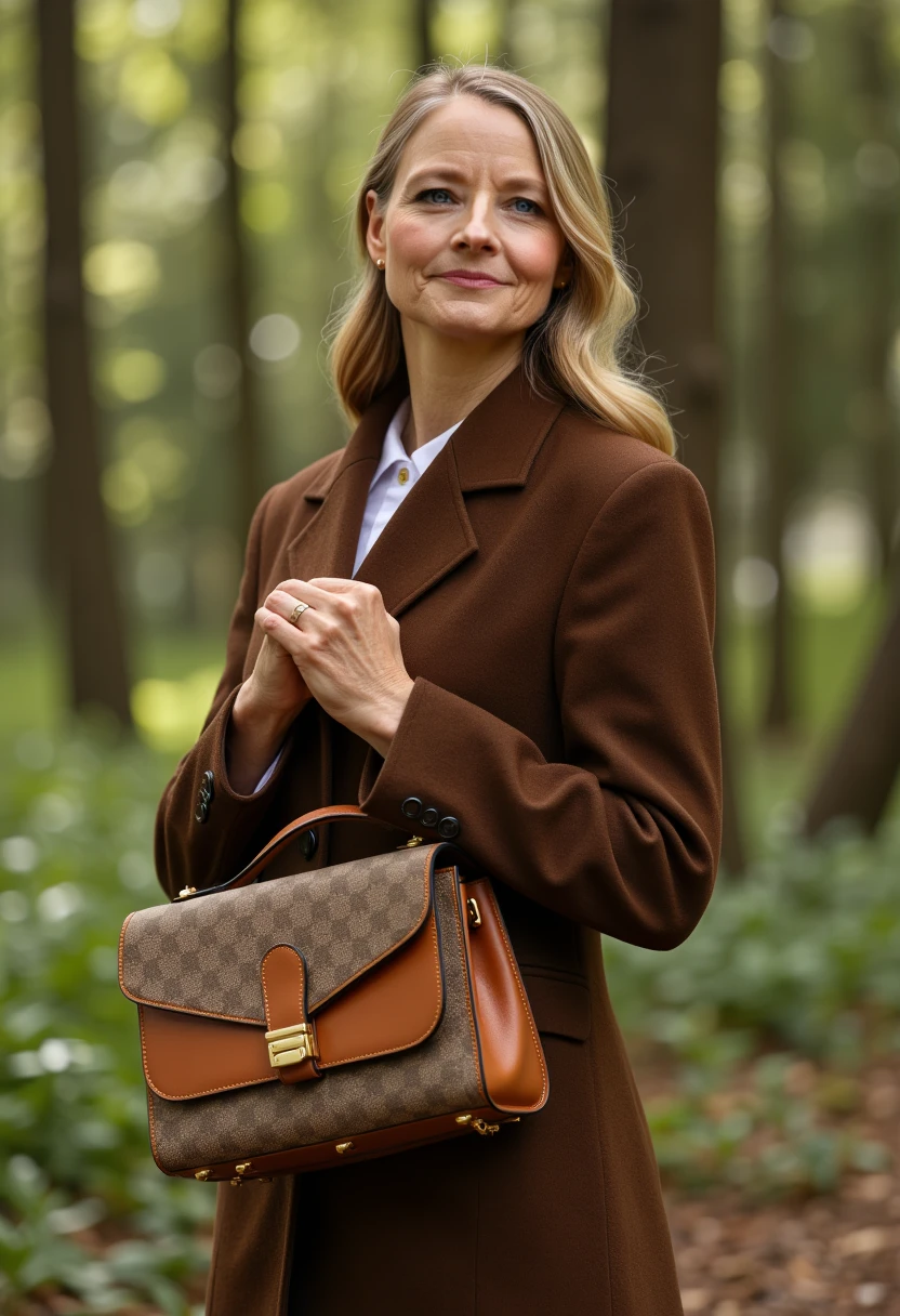 A photo of TOK holding a designer bag in the forest