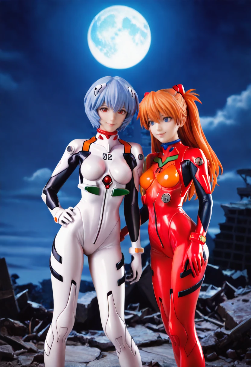 realistic,photorealistic,cosplay photo,masterpiece,best quality,newest,absurdres,highres,,2girls,ayanami rei,plugsuit,souryuu asuka langley,blue hair,white bodysuit,red bodysuit,red eyes,short hair,blue eyes,interface headset,headphones,long hair,orange hair,smile,pilot suit,full moon,night sky,ruins,<lora:PVC Style-noobXL-V1:0.85> <lora:noobXL-realistic-V1.6:0.7>