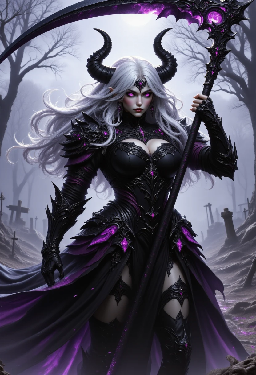 hkdetailer, Cinematic full body shot of an evil witch, white long hair, black horns, wearing a black dress with purple details, holding a giant scythe weapon with purple glow, standing in a graveyard, <lora:FluxFantasyDetailerV2:0.8> <lora:FluxWeaponScythe:0.7>