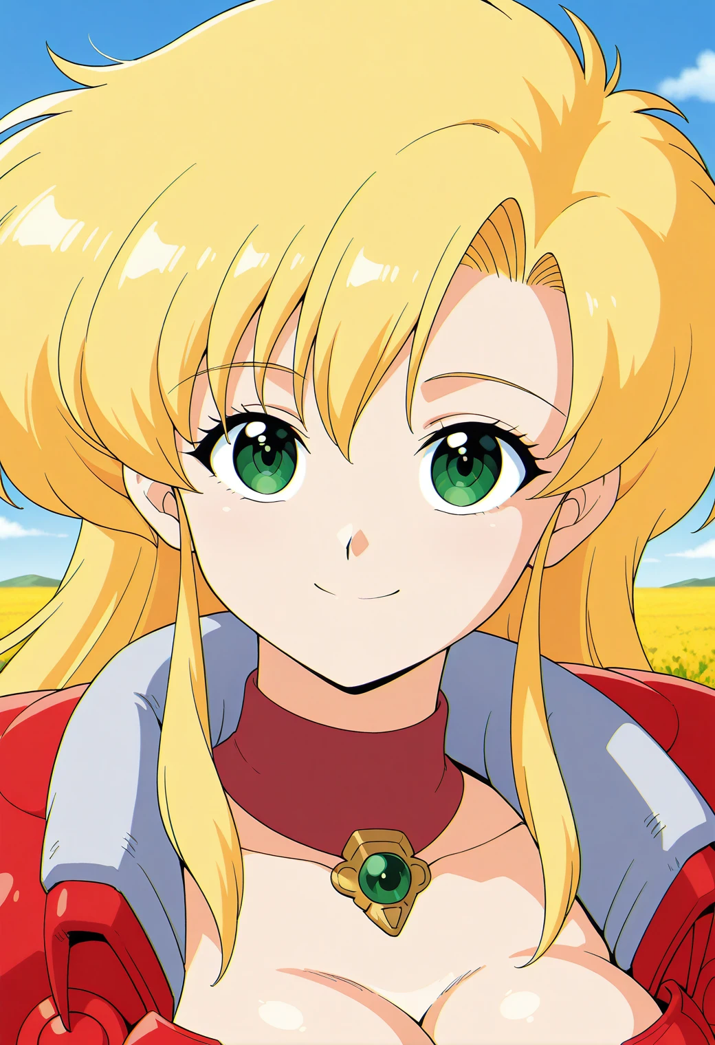 aretha_materia, retro artstyle, green eyes, blonde hair, long hair, choker, cleavage, red armor, shoulder armor, <lora:aretha_materia_illustrious_ver1:0.8> 
smile,, masterpiece, best quality, general,, 1girl, solo, (field:1.2), (blue sky:1.2), looking at viewer,, (upper body:1.2), (close-up:1.2), (facing viewer:1.2), (open eyes:1.4), (portrait:1.2)