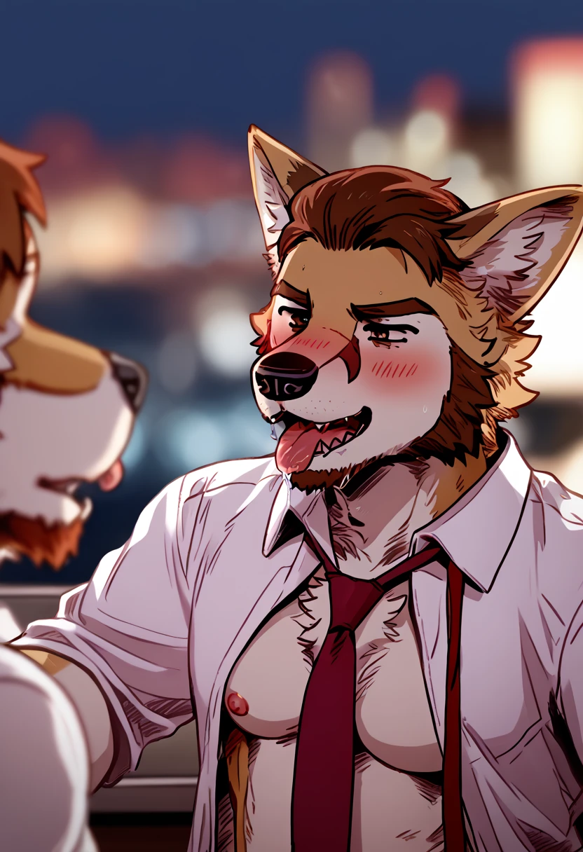 by DWC_Marshal_Arts, 2boys, male focus, yaoi, animal ears, furry, facial hair, necktie, muscular, muscular male, tongue, furry male, bara, beard, tongue out, short hair, shirt, saliva trail, saliva, dog boy, blurry background, pectorals, mature male, open shirt, nipples, blurry, blush, upper body, dog ears, brown hair, <lora:DWC_Marshal_Arts_style:1>