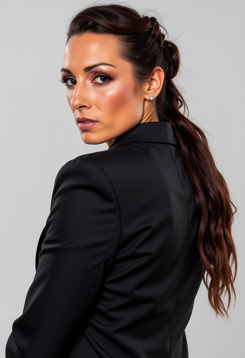 BCKY woman posed in a business suit and hair in a tight ponytail