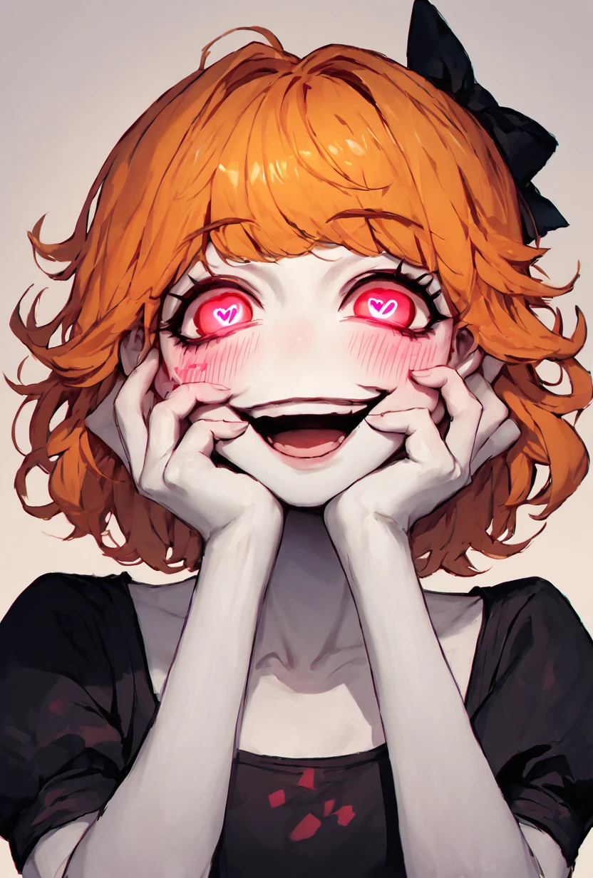 score_9, score_8_up, score_7_up, score_6_up, score_5_up, simple,  looking at viewer, smiling,  <lora:derpina-10:1> derpina, 1girl, short hair, hair bow, medium hair, orange hair, black dress,, white skin,,  <lora:yandere-trance-ponyxl-lora-nochekaiser:1> yandere trance, yandere, hands on own cheeks, hands on own face, crazy eyes, crazy smile, crazy, heart-shaped pupils, glowing eyes, symbol-shaped pupils, hand on own face, open mouth, glowing, blush, looking at viewer