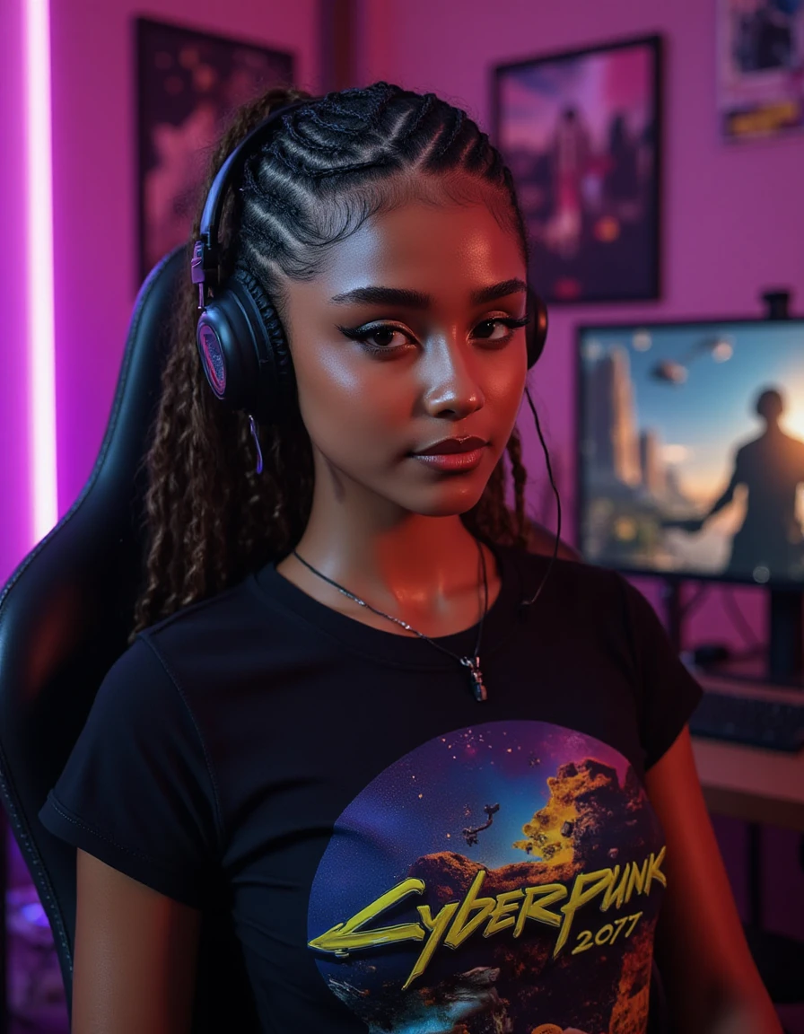 <lora:tyla-v2:1.4> amazingly detailed, masterpiece, ultra hd, full body, dynamic angle, beautiful girl ,biracial female with medium cornrow hair pulled back computer gamer, gaming computer, gaming chair, playing cyberpunk 2077, neon bedroom, streamer setup,  cyberpunk theme, wild long hair, brown , high detail hair, smokey eye shadow, high detail skin, high detail eyes, seductive eyes, smokey makeup, slender body, toned body, perfect face, slim athletic body, (perky small breasts:1.9) , (cold attitude, eyeshadow, eyeliner:1. 6) (Vintage  Art Game Style T-Shirt) , vibrant colors, beautiful, dramatic lighting, shallow depth of field, Ultra-realistic, beautiful lighting