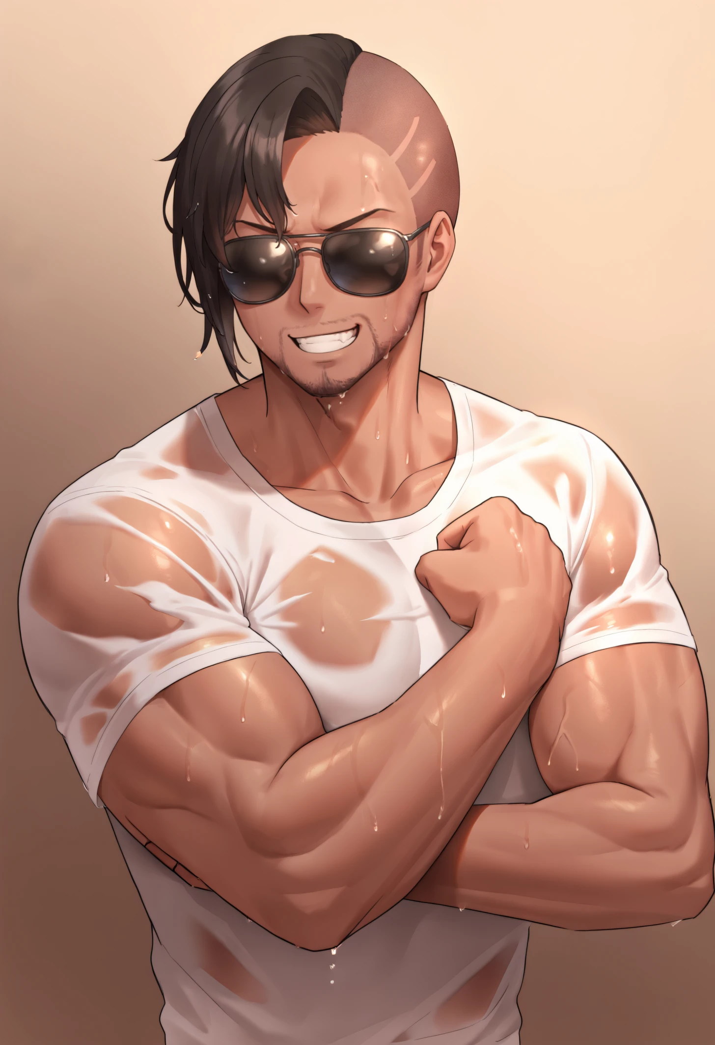 masterpiece, best quality, 1boy, solo,  jelomstng, dark-skinned male, muscular, sunglasses, no eyes, black hair, sidecut, short hair, facial hair, white shirt, upper body, flexing biceps, wet shirt, smirk<segment:yolo-Anzhc Face seg 640 v2 y8n.pt,0.4,0.3//cid=1>