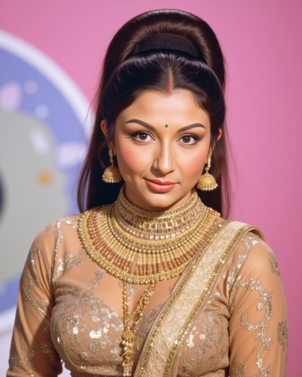 full body photo of Sharmila Tagore woman,candid photo with natural colors, serious expression on face,studio quality, wearing intricate conservative turtleneck Sage Long Anarkali Gown, high ponytail, pastel shaded multicolored background, cinematic soft lighting<lora:TestBed\Sharmila_Tagore_2024_Flux_Kohya_LoRA_v1-000004.safetensors:0.8:0.8>