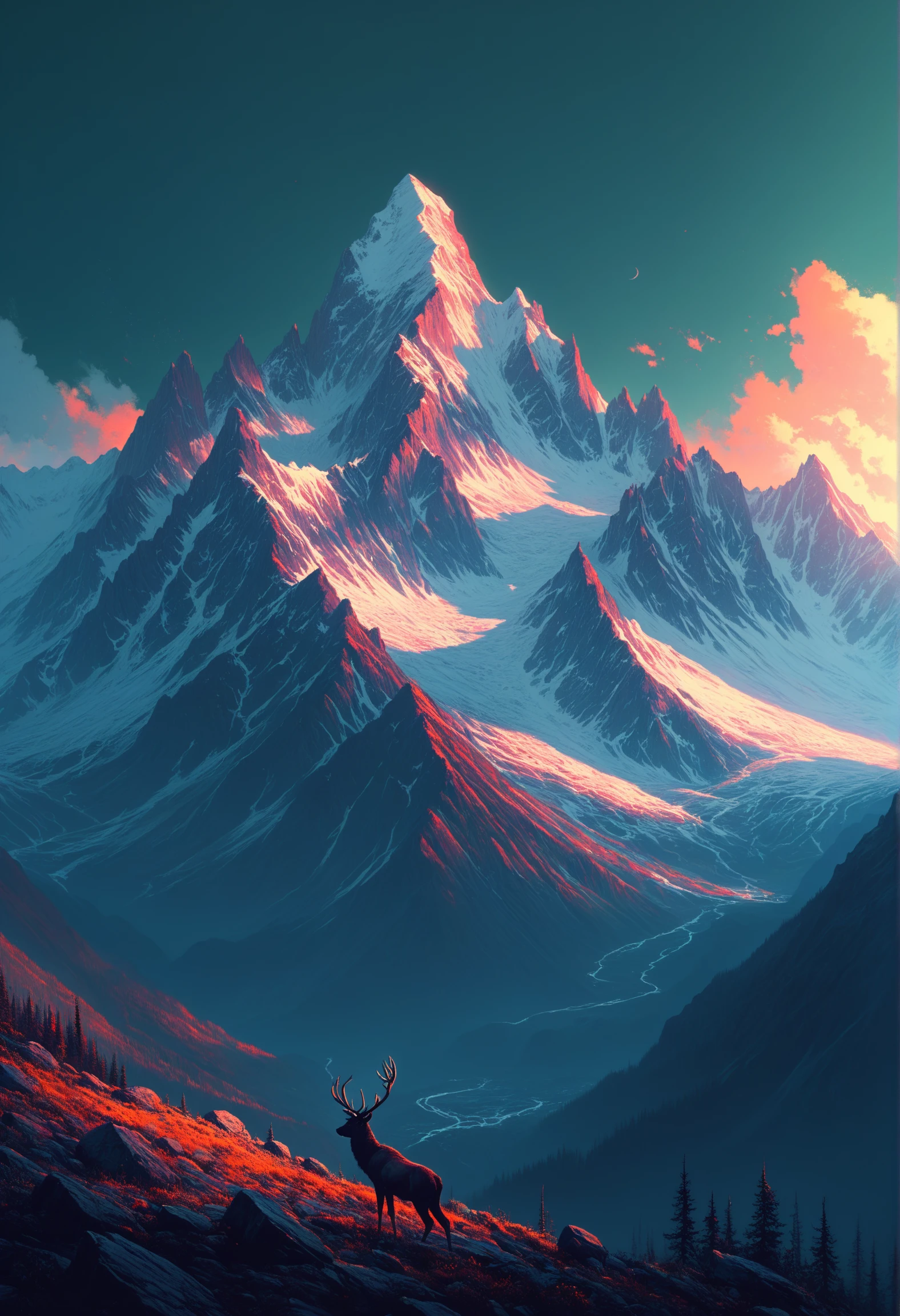 A highly detailed and hyper-realistic image by Alena Aenami, Archibald Thorburn, and Daniele Afferni, depicting a breathtaking otherworldly mountain range with mystery colors. The scene features towering peaks in the style of monochromatic silhouette reflection, with a limited dark palette including deep indigo, burnt orange, and muted olive green. Atmospheric haze and highly dramatic cinematic lighting enhance the mystical atmosphere. The image includes motion blur and film grain for a professional touch, with excellent composition and the finest details. Every element is maximized to the ultimate detail level, creating a masterpiece of the best quality. <lora:DetailMaximizer:1>