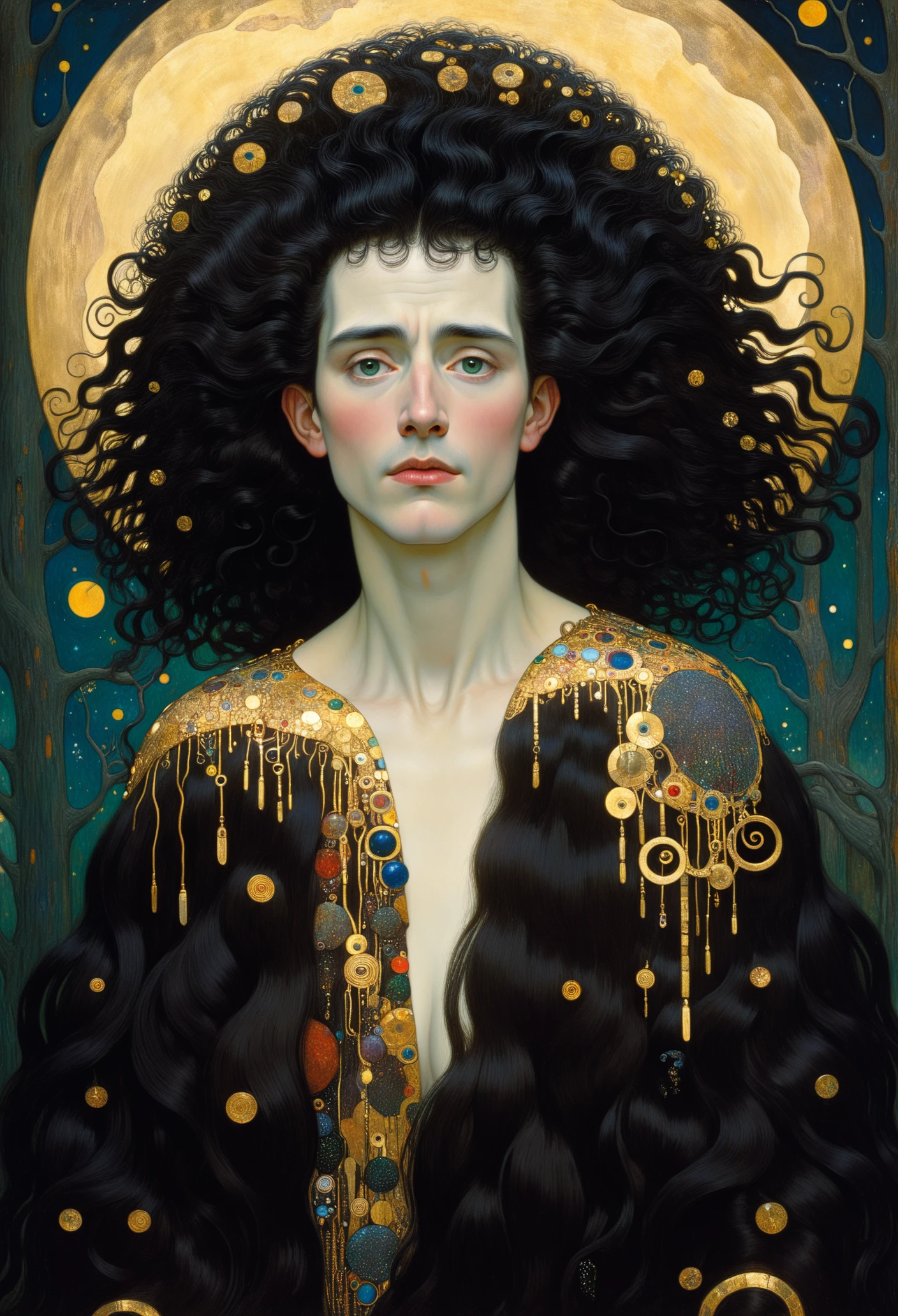 Hair of the earth, Dark as a forest, by John Gilbert, by Gustav Klimt, by Bill Watterson, masterful, timeless, high definition, sharp, striking, intricate details, vibrant, dynamic, crisp quality, cinematic, heavenly, captivating, very refined, detailed face, OverallDetailXL,  <lora:Art-full_v1:0.3>