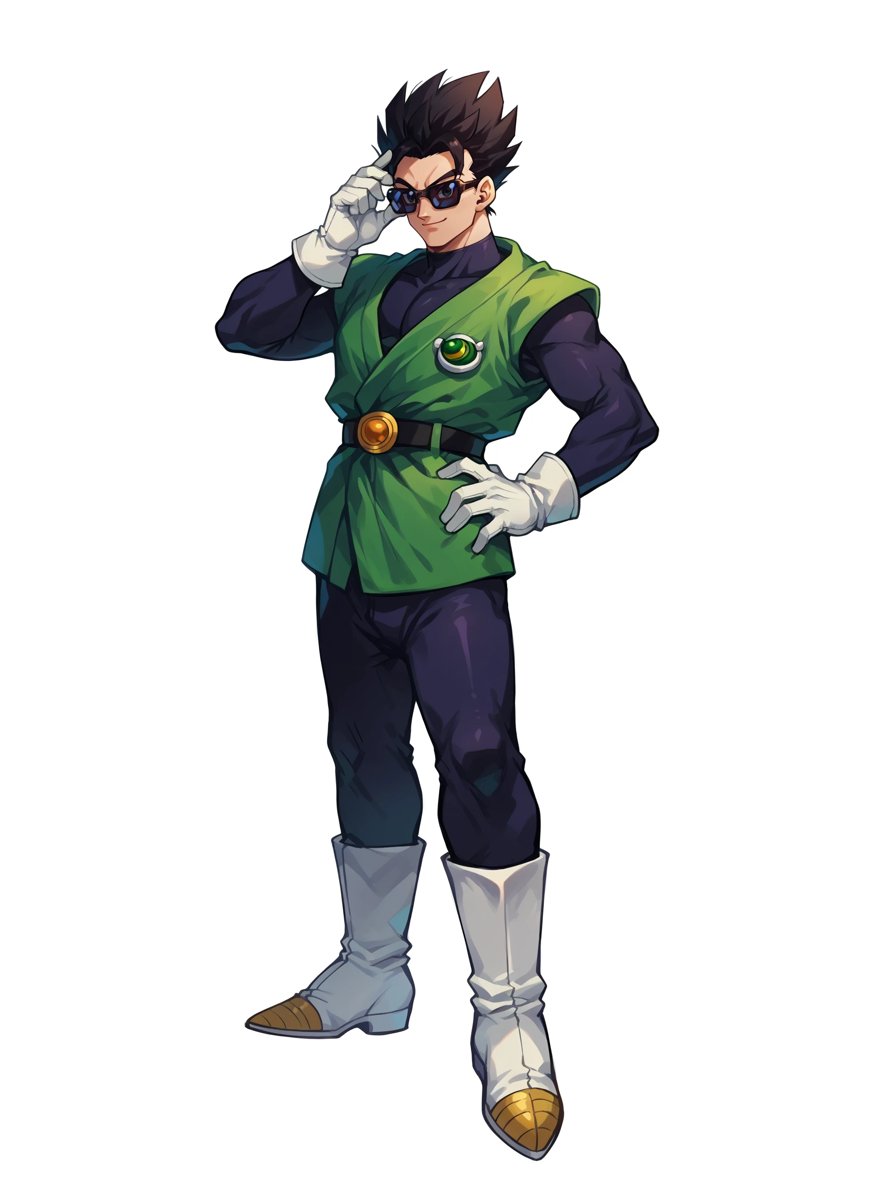 score_9, score_8_up, score_8, score_9, score_8_up, score_7_up,zPDXL2, source_anime,
nxl, solo, great saiyaman outfit, looking at viewer, smile, simple background, gloves, 1boy, white background, closed mouth, standing, full body, boots, belt, white gloves, hand on hip, bodysuit, sunglasses, white footwear, adjusting eyewear, tinted eyewear
good_hands, better_hands,
<lora:gohanxl-000007:0.7> ,  <lora:pony_good_hands:1> ,   <lora:Pony_DetailV2.0:1> <lora:Smooth Anime 2 Style SDXL_LoRA_Pony Diffusion V6 XL:0.6>