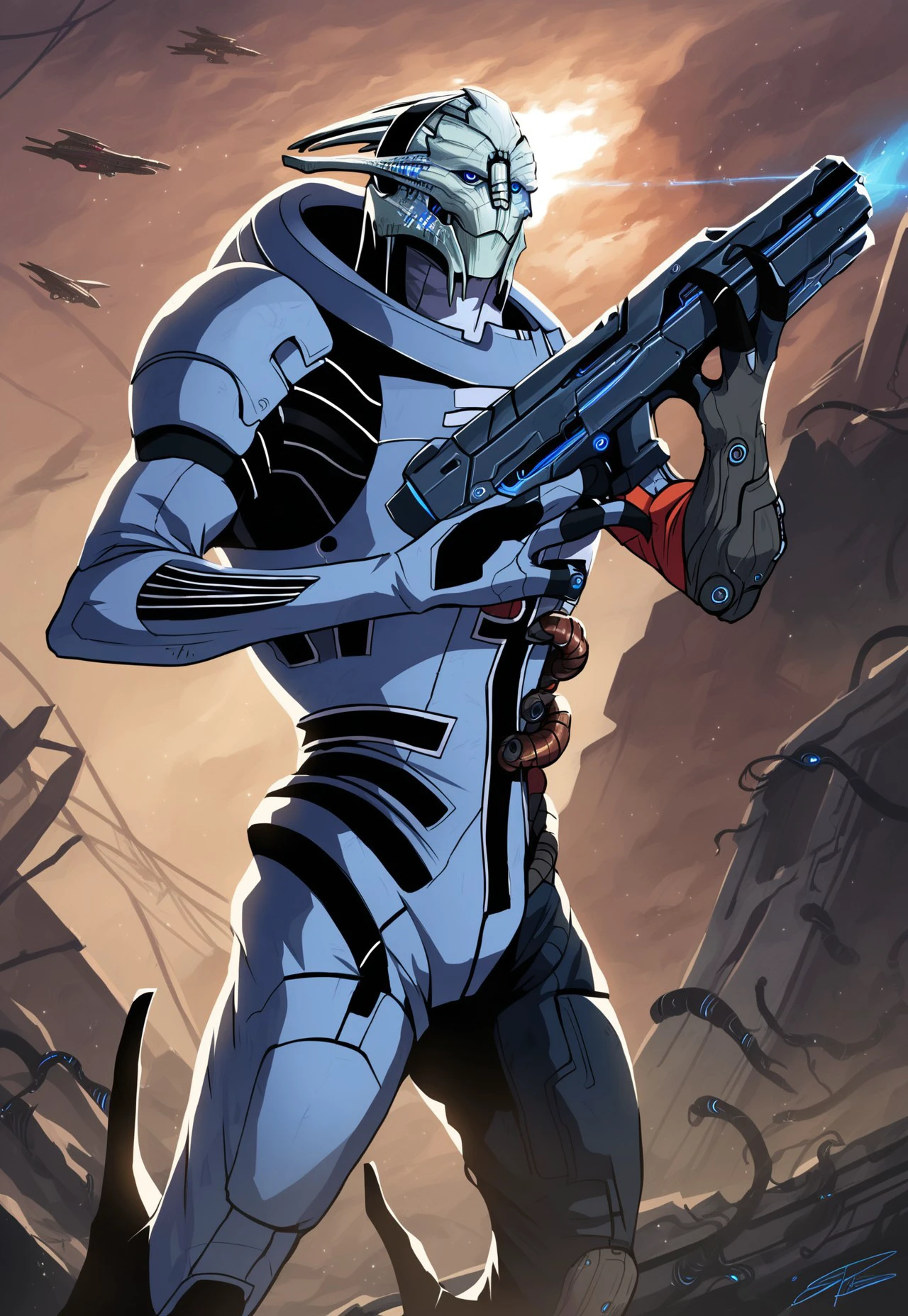 score_9, score_8_up, score_7_up, mass effect, BREAK, sarenarterius, 1boy, male, alien, solo, closed mouth, armor, hood, cybernetic arm, cybernetic eyes, blue eyes, cybernetic face, cables, cybernetics, weapon, gun, holding weapon, holding gun, holding, shooting pose, aiming, standing, cowboy shot, outdoors, afternoon, cargo bay, detailed background, science fiction, futuristic, realistic