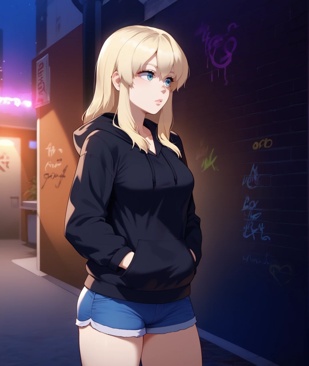 score_9, score_8_up, score_7_up, score_6_up, source_anime,
BREAK
chloe, blonde hair, long hair, blue eyes, 1girl,solo, medium breasts, black hoodie, hood down, hands in pockets, shorts, night, street, against wall, graffiti, solo
 <lora:chloe-pdxl-fandingo:0.7>