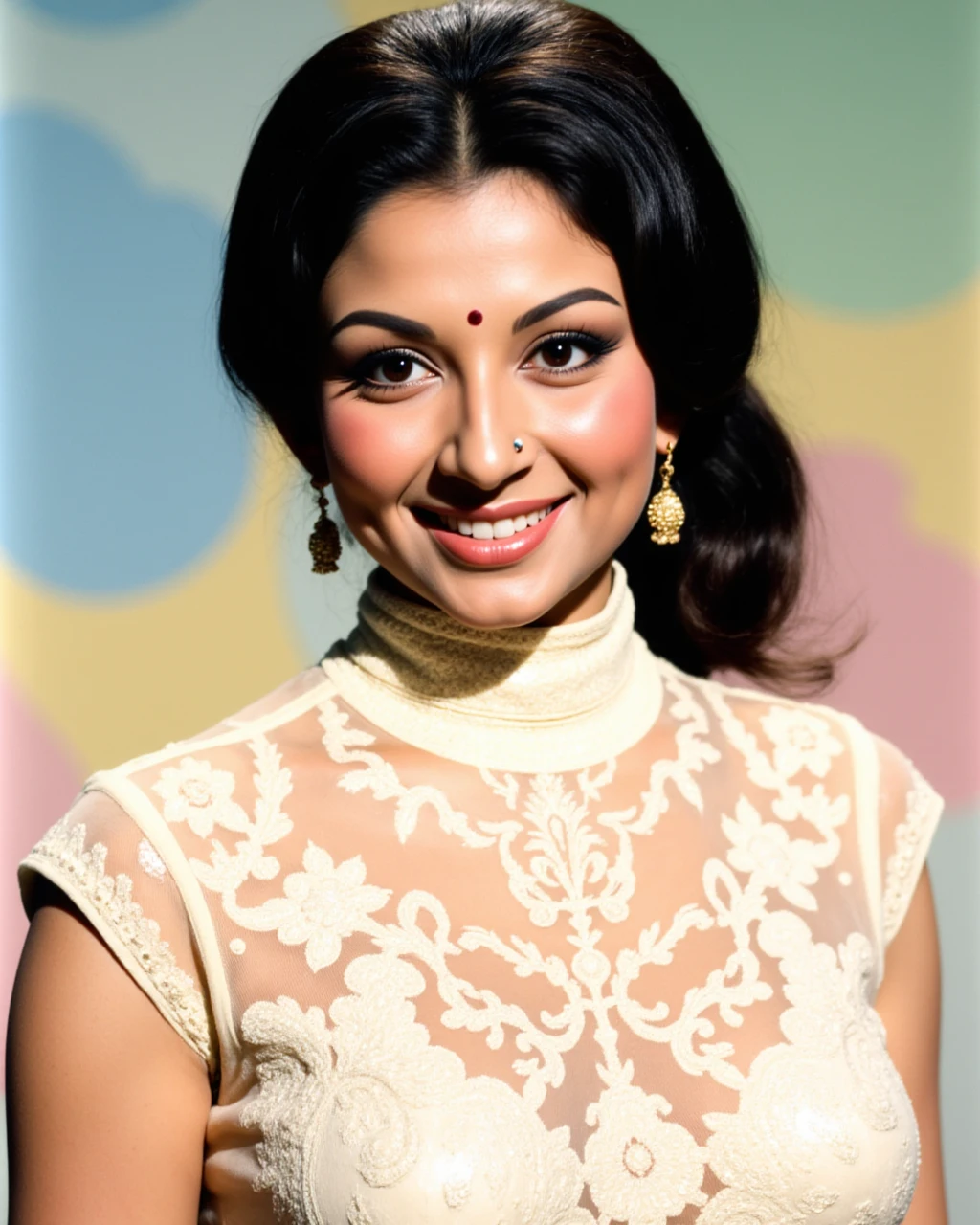 full body photo of Sharmila Tagore woman,candid photo with natural colors, grinning expression on face,studio quality, wearing intricate conservative turtleneck Ivory Indo-Western Gown, curls, pastel shaded multicolored background, cinematic soft lighting<lora:TestBed\Sharmila_Tagore_2024_Flux_Kohya_LoRA_v1-000004.safetensors:0.8:0.8>