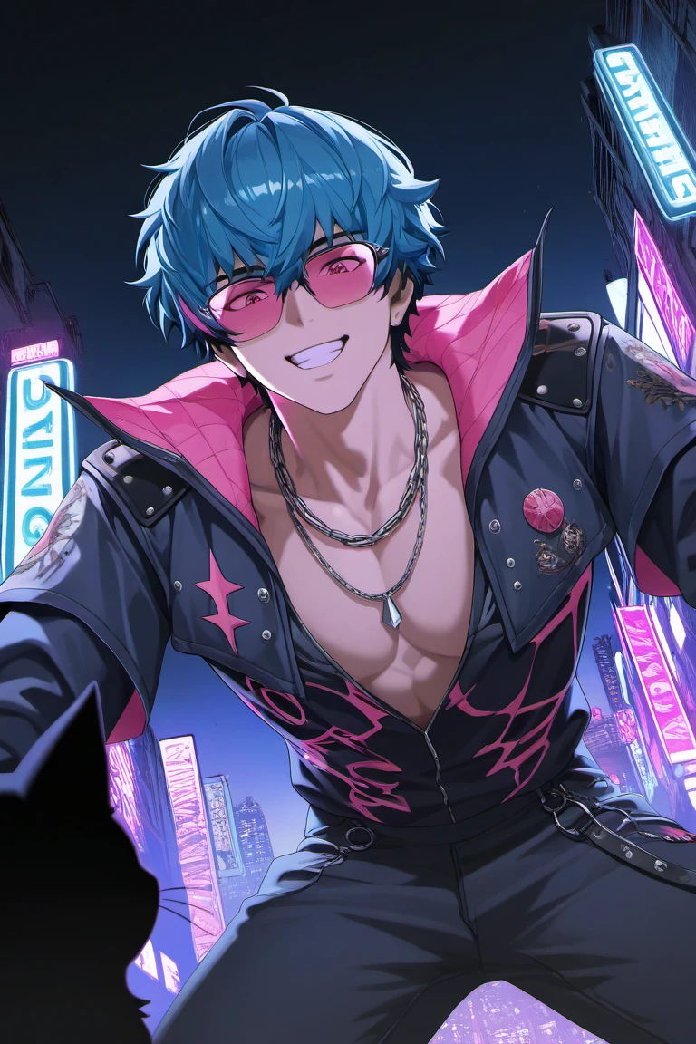 anime coloring, subsurface scattering, realistic shading, dark environment, dark, neon lighting, glowing, hiphop theme, black cat, male focus, leaning forward, looking down at viewer, expressive face, happy, BrantWUWA, greenish blue-pink_BrantWUWA_multicolored hair, purplish pink_BrantWUWA_eyes, grin, teeth, sunglasses, hiphop clothes, jacket, asymmetrical print on clothes, chain necklace, pants, 1boy, blurry outdoors city street, cityscape, scenery, from below, dutch angle, intricately detailed illustration, masterpiece,best quality,amazing quality,very aesthetic,absurdres,newest