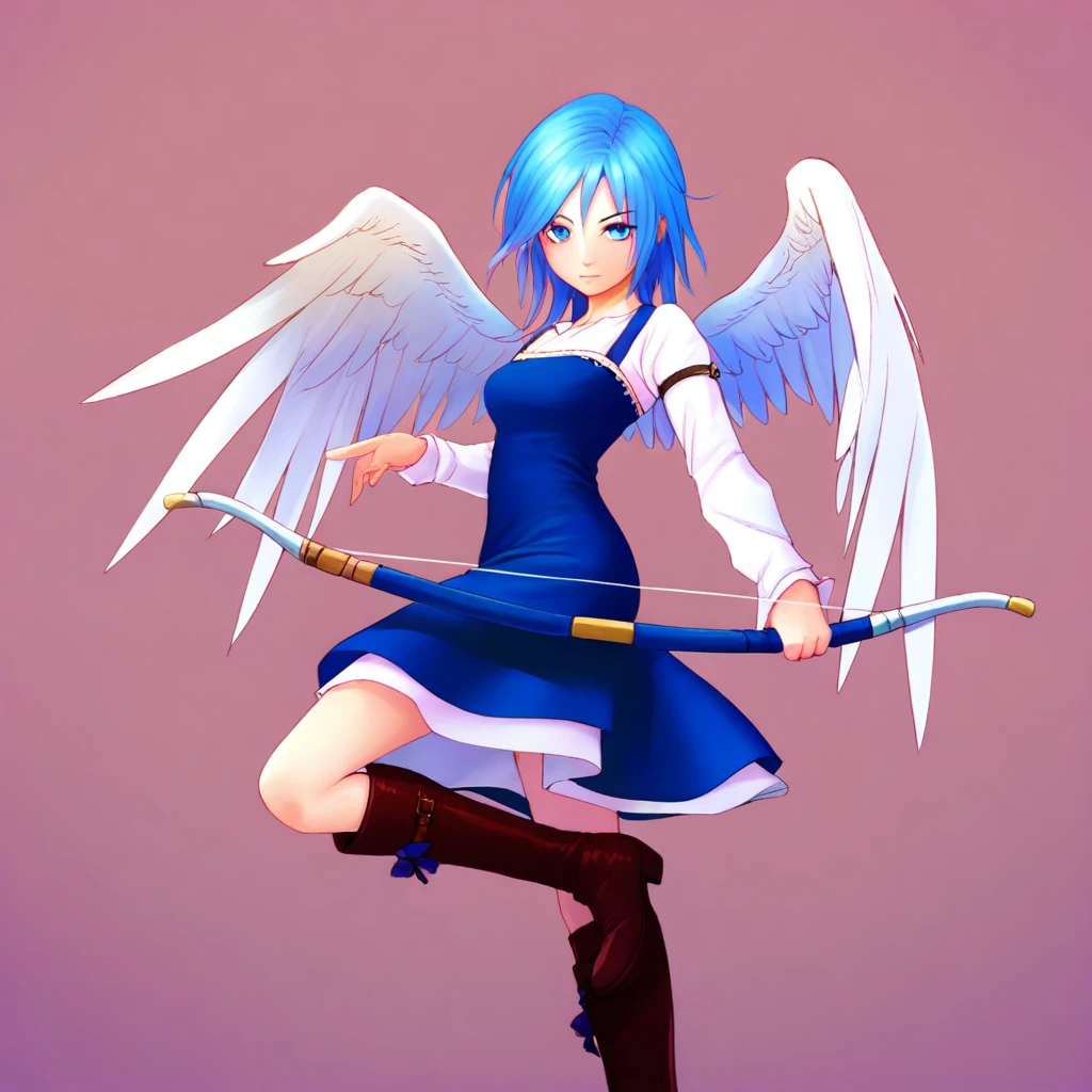 <lora:VeneAnsbach:0.8>,vene,short hair,blue hair,blue eyes,dress,long sleeves,,blue dress,shirt,white shirt,boots,wings,angel wings, weapon,bow(bow \(weapon\),, masterpiece, best quality, amazing quality, newest