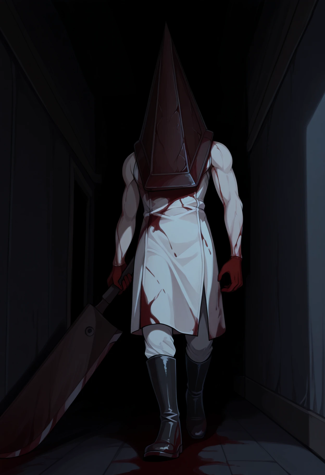 masterpiece, best quality, 1boy, solo, Pyram1dHead, helmet, white coat, sleeveless, blood on clothes, white pants, boots, dark, dark theme, horror \(theme\), holding weapon, huge sword, indoors, hallway, walking, <lora:ChamPyramidHeadIllustriousXL:1>