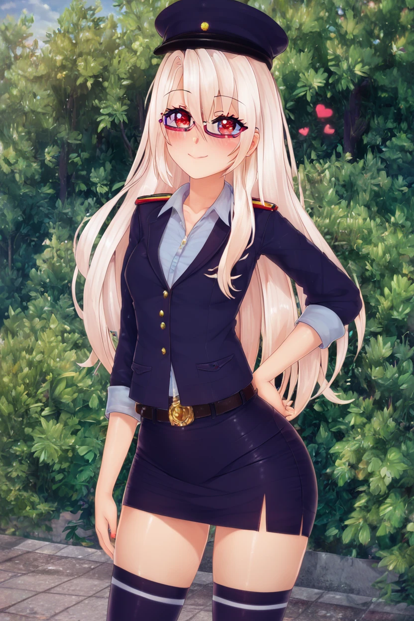 score_9, score_8_up, score_8, large breasts, (curvy), cute, eyelashes,       ,,, , ,,, zzMilitIllyaCitron, hair between eyes, red eyes, long hair, white hair, glasses, semi-rimless eyewear,  military hat, military jacket, pencil skirt, thighhighs, belt,  <lora:MilitIllya_CitronOC_PDXL:1.0>,    ,,,, BREAK, smile, closed mouth, looking at viewer, cowboy shot, ,,, embedding:zPDXL, Expressiveh, ,,, <lora:Puppypaww_Style_PDXL_v2:0.8>, <lora:SDXLFaeTastic2400:0.5>, <lora:Expressive_H-000001:0.4>,