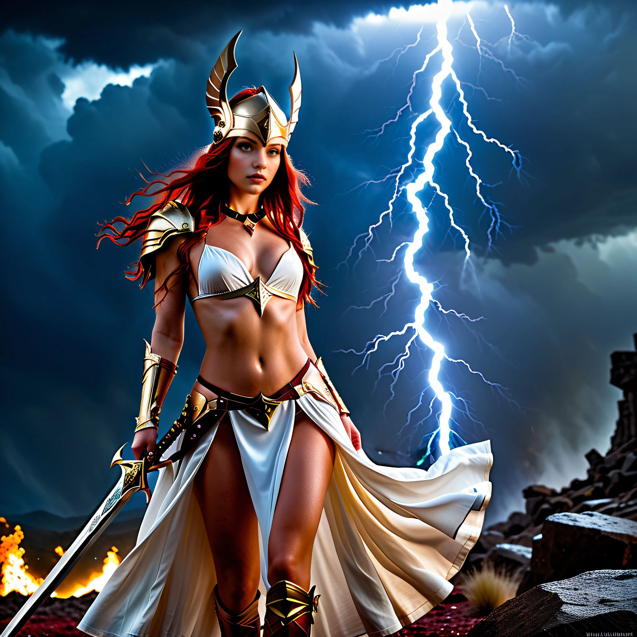 realistic digital painting, highest quality, high resolution, depth of field, wide angle lens, epic scale, establishing shot, nsfw, Arbiter from Raid Shadow Legends, full body, from below, group profile, navel focus, solo focus, night time, dark and raining, a beautiful woman with long damp wavy dark red hair staring intensely at the viewer, standing, moving toward view offensive posture, armed, weilding her greatsword, pale white flawless skin, medium breasts, bare stomach, navel, wide hips, blue eyes filled with rage, furrowed brow, gold choker whith a ruby in the center, encompassed in an aura of righteousness, an immortal being in a mortal elven female form, world weary, filled with bloodlust, her long red hair whipping wildly in the wind, gold Valkyrie's winged diadem half-helmet, swordswoman, paladin, herald to the godddess of light, harbinger of sorrow, in the style of Naughty America and Forgotten Realms, sexy, white leather bikini armor with gold metallic edges, damp white dress and cape blowing in the wind, gold plate bracers, zweihander greatsword with two guards and a gold hilt that has a blue gem on the pommel, medieval era fantasy art, backlit, enhanced shadows, angry, vengeful, powerful, beautiful, focused, determined, steadfast resolve, dangerous,  abandoned battlefield background, rocky mountainous terrain, thunderstorm, bolts of lightning, dark skies, volumetric fog and smoke, ravaged blood-soaked battlefield, fires from a devestated city blaze in the distance, ominous skies filled with bright flashes of lightning  <lora:ArbiterXL_v03:0.8>