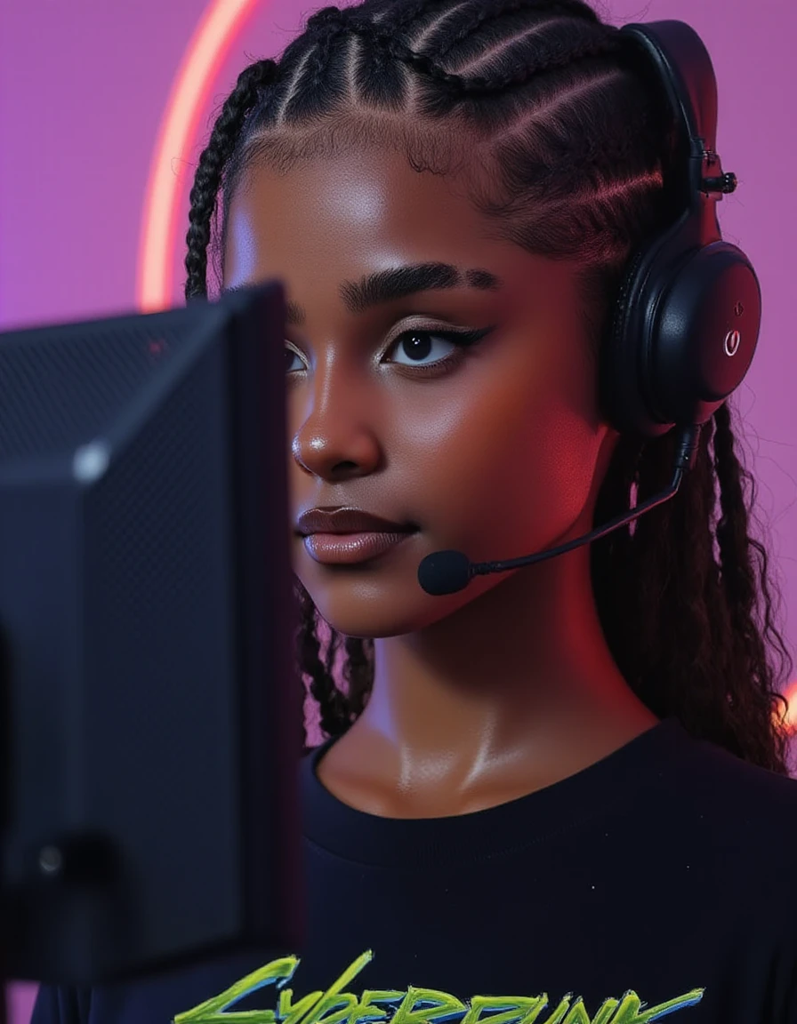 <lora:tyla-v2:1.4> amazingly detailed, masterpiece, ultra hd, full body, dynamic angle, beautiful girl ,biracial female with medium cornrow hair pulled back computer gamer, gaming computer, gaming chair, playing cyberpunk 2077, neon bedroom, streamer setup,  cyberpunk theme, wild long hair, brown , high detail hair, smokey eye shadow, high detail skin, high detail eyes, seductive eyes, smokey makeup, slender body, toned body, perfect face, slim athletic body, (perky small breasts:1.9) , (cold attitude, eyeshadow, eyeliner:1. 6) (Vintage  Art Game Style T-Shirt) , vibrant colors, beautiful, dramatic lighting, shallow depth of field, Ultra-realistic, beautiful lighting