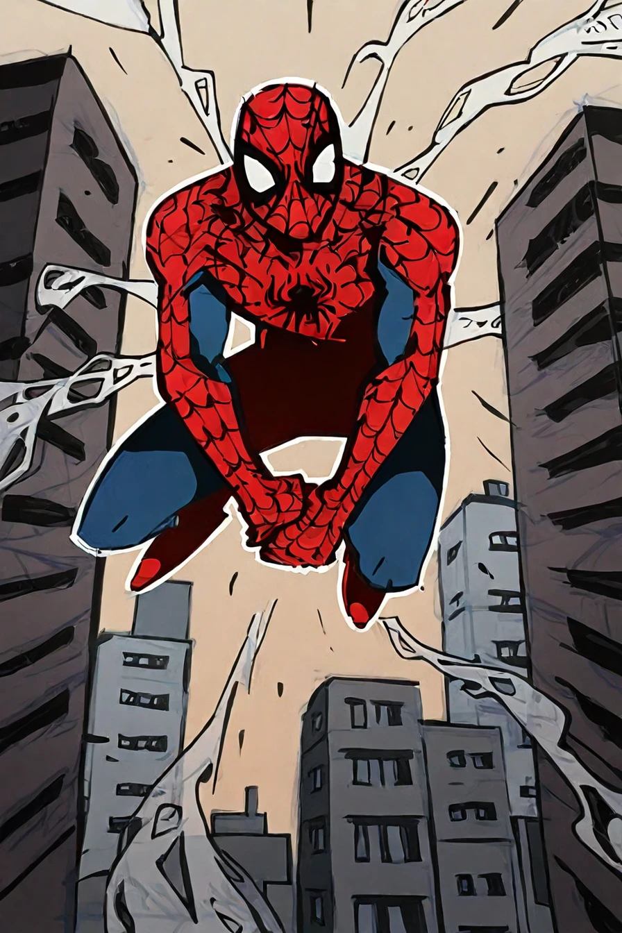 spider-man , superhero,  spider_web,  1boy, solo, alone, <lora:comic_drawing_style_illustriousXL:1>, comic_drawing_style, masterpiece, highres, building,