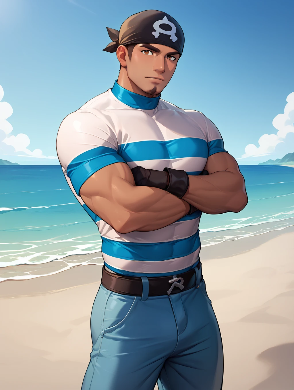 solo, teamaquamalegrunt, striped shirt, bandana, long pants, beach, outdoor, daytime, looking at viewer, black gloves, standing, tan, muscular, bara, crossed arms, brown eyes <lora:Team_Aqua_Grunt_Male_PonyXL-09:0.93>, score_9, score_8_up, score_7_up, score_6_up,