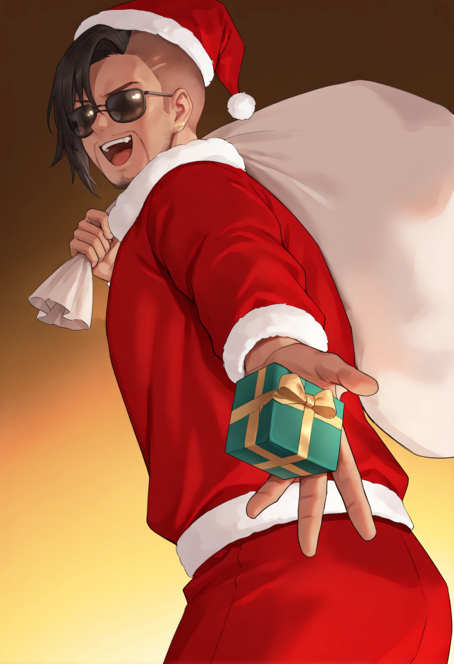 masterpiece, best quality, 1boy, solo,  jelomstng, dark-skinned male, muscular, sunglasses, no eyes, black hair, sidecut, short hair, facial hair, santa costume, santa hat, from side, holding sack, reaching, outstretched arms, holding gift, looking at viewer, laughing, open mouth, upper teeth only<segment:yolo-Anzhc Face seg 640 v2 y8n.pt,0.4,0.3//cid=1>