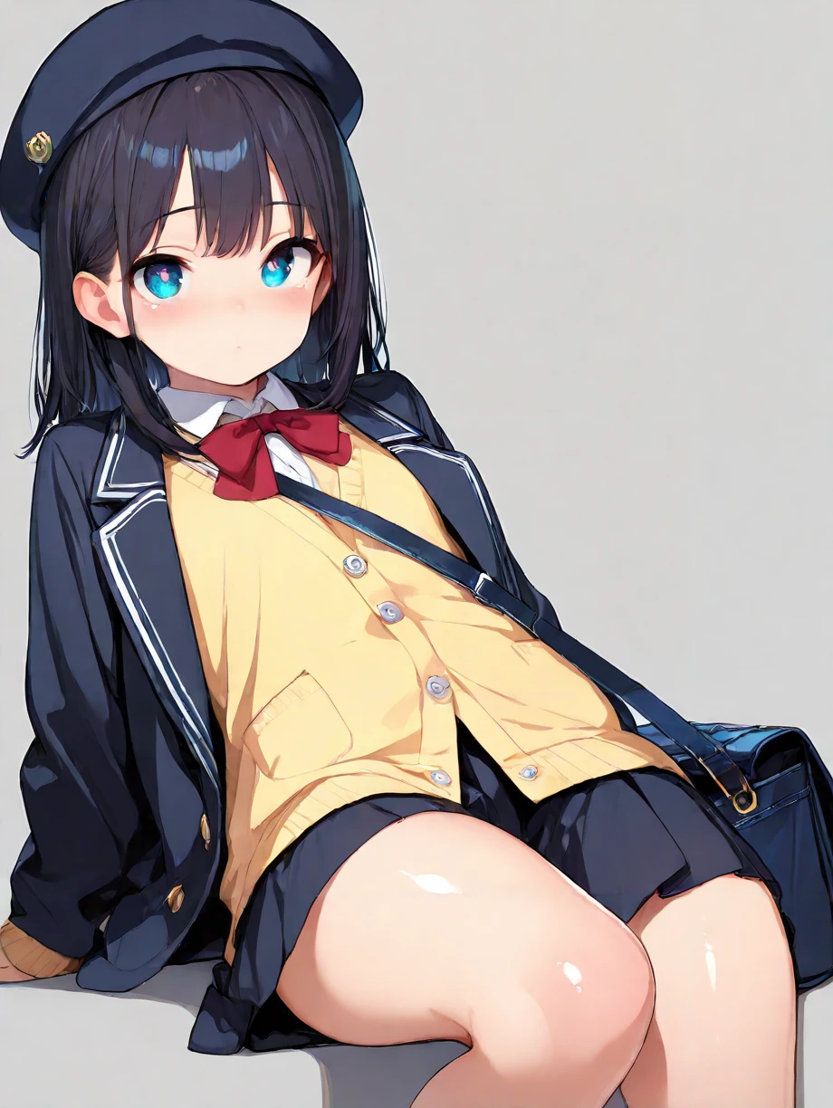 masterpiece,ultra-detailed,best quality,amazing quality,8K,illustration,vivid,CG,cute face,shiny hair,shiny skin,ultra-detailed-eyes,solo,girl,simple background,
 <lora:youchien_illustrious_V2.0:1> jyojifuku, beret, jacket, skirt, school uniform, shoulder bag