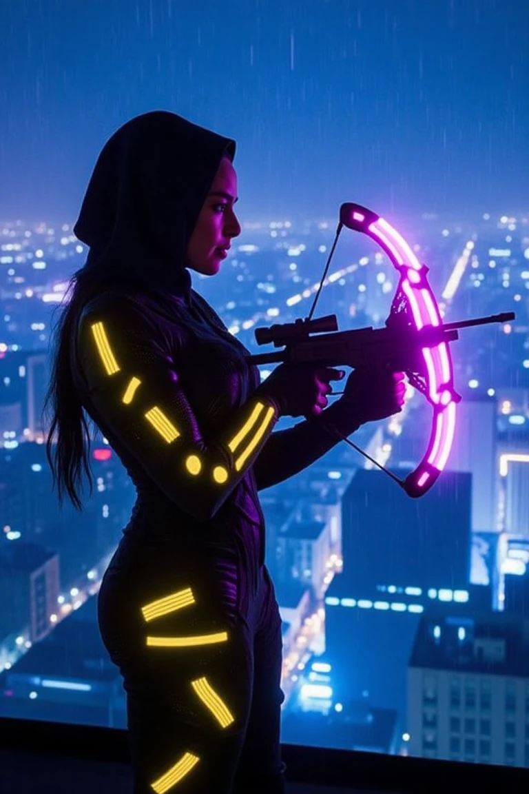 A vampire slayer in a futuristic, armored bodysuit with neon accents, resembling an exoskeleton, glowing faintly in the dark. Her outfit includes a hooded cloak that flickers as if alive, blending into the shadows. The backdrop is a neon-lit rooftop overlooking a sprawling cyberpunk city at midnight, rain droplets caught mid-air as they reflect colorful lights. The camera angle is an over-the-shoulder shot, captured by a Sony Alpha 7R IV with a 50mm f/1.2 lens, focusing on her poised crossbow glowing with mystical energy. danirus