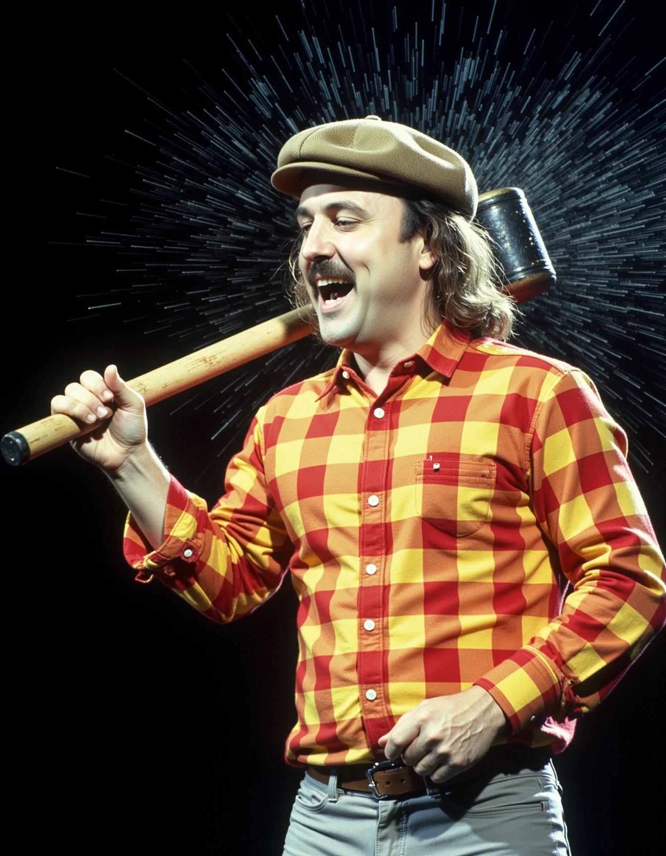 A photo of 1980s Gallagher in a flat cap obliterating his own head with a Sledge-O-Matic sledgehammer.