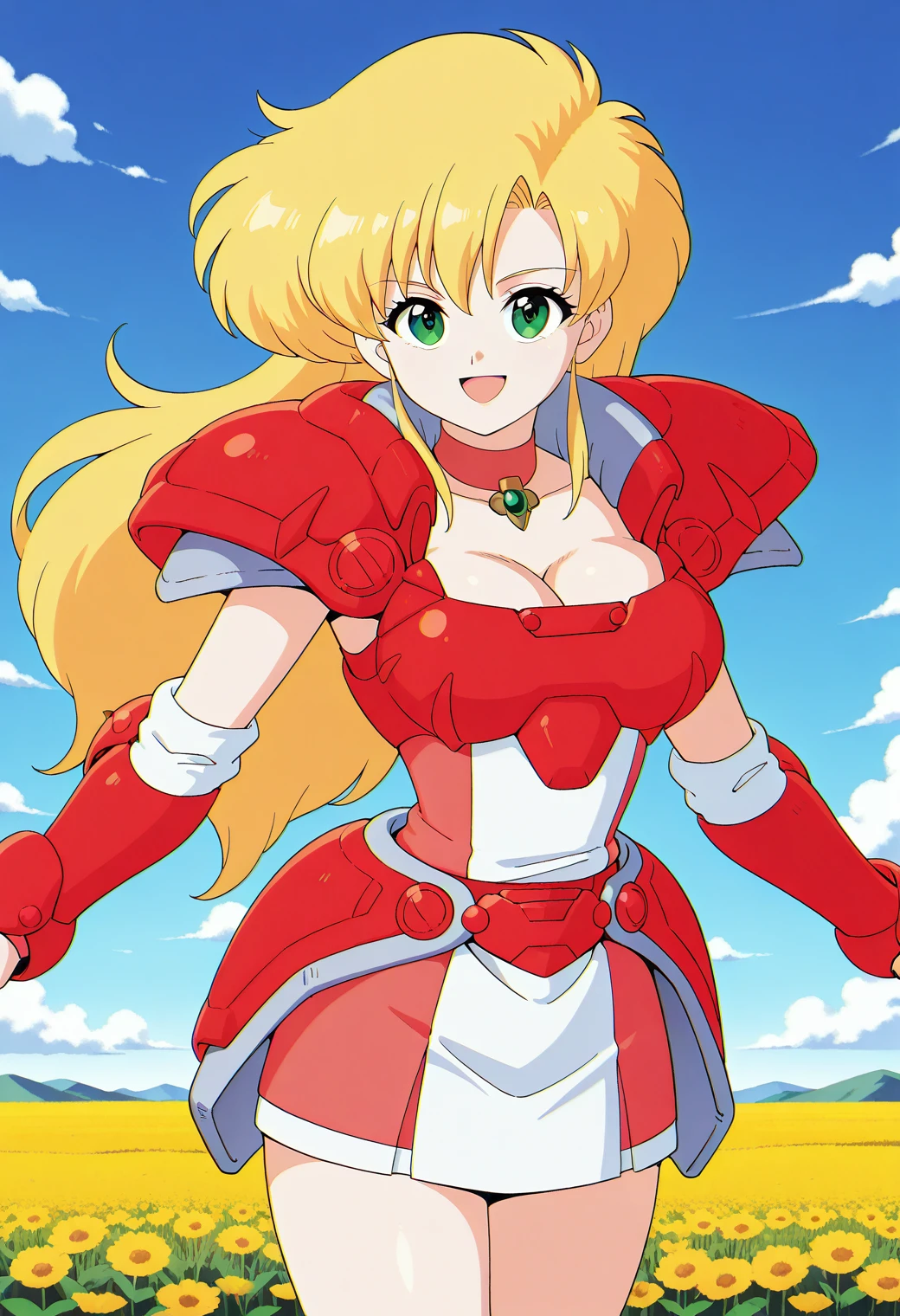 aretha_materia, retro artstyle, green eyes, blonde hair, long hair, choker, cleavage, red armor, shoulder armor, gauntlets, pauldrons, skirt, <lora:aretha_materia_illustrious_ver1:0.8> 
fighting stance, smile,  open mouth, cowboy shot,, masterpiece, best quality, general,, 1girl, solo, (field:1.2), (blue sky:1.2), looking at viewer,