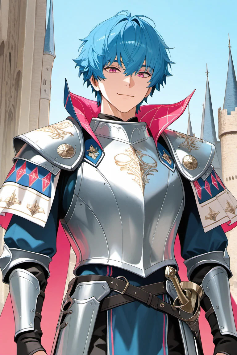 anime coloring, subsurface scattering, realistic shading, perfect eyes, day, fantasy-medieval theme, male focus, cowboy shot, leaning back, arm at sides, looking at viewer, expressive face, smiling, BrantWUWA, greenish blue-pink_BrantWUWA_multicolored hair, purplish pink_BrantWUWA_eyes, closed mouth, pauldron, breastplate, silver armor, knight, 1boy, blurry outdoors, castle, medieval cityscape, scenery, intricately detailed illustration, masterpiece,best quality,amazing quality,very aesthetic,absurdres,newest