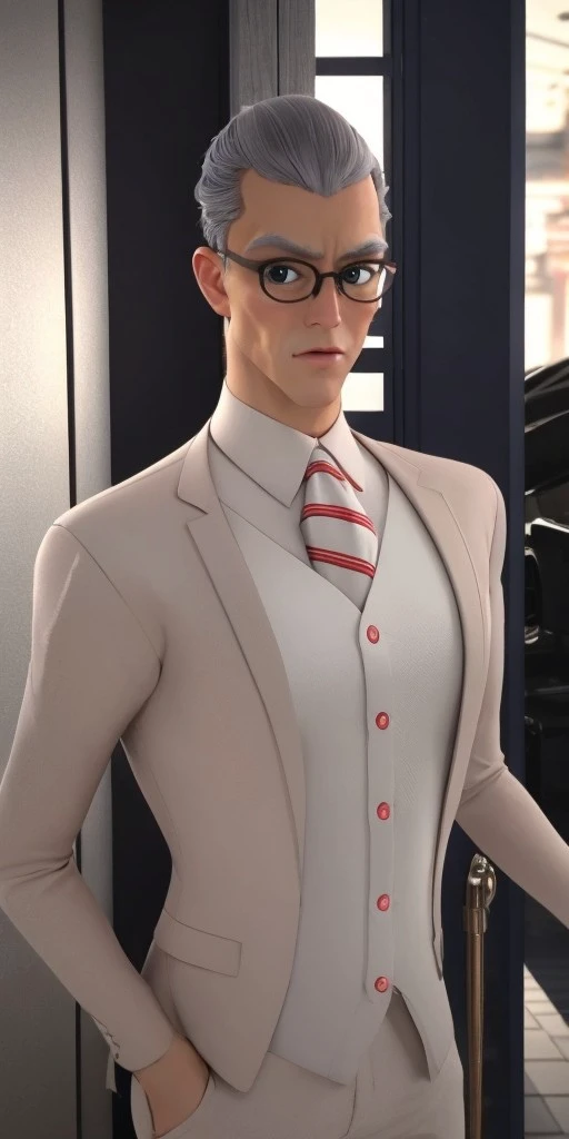 Hyperrealistic, photorealistic, super detailed, 1boy, black-framed silver glasses, grey hair, pale light grayish cerulean colored eyes, pointy chin, body like in real life, large pores, fair but rosy-tinted skin tone, very tall, unreal engine, octane render, droped shadow, bokeh, cinematic lighting, <lora:add_detail:0.5>, <lora:Volumetric_lighting:0.6>, Gabriel Agreste, , <lora:ba247082-58ea-446d-a483-d88559b08061:0.7>