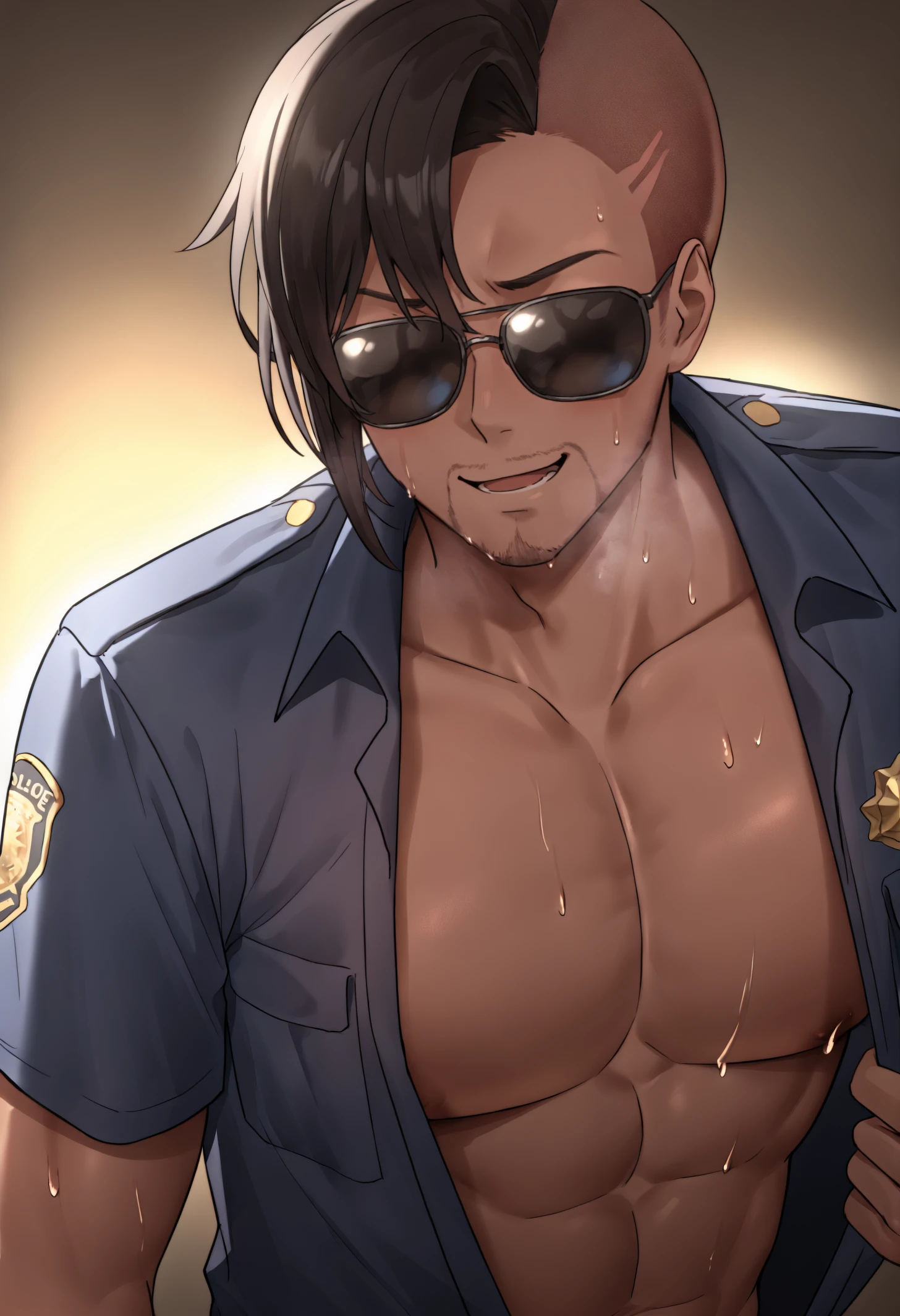 masterpiece, best quality, 1boy, solo,  jelomstng, dark-skinned male, muscular, sunglasses, no eyes, black hair, sidecut, short hair, facial hair, police uniform, open shirt, shirt pull, pulled by self, pectorals, sweat, looking at viewer, smug<segment:yolo-Anzhc Face seg 640 v2 y8n.pt,0.4,0.3//cid=1>