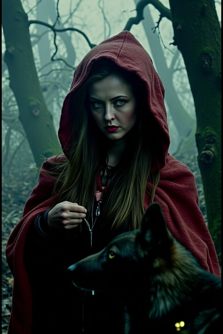 A dark, atmospheric movie poster of Katharine Isabelle as a hauntingly beautiful yet fierce Little Red Riding Hood. She wears a tattered crimson cloak stained with blood, her piercing green eyes glowing faintly. while her other hand grips the leash of a shadowy, wolf with glowing yellow eyes. The background depicts a twisted, fog-laden forest with gnarled trees resembling skeletal fingers. Moonlight streams through the fog, illuminating her figure. The tagline at the top reads: "The wolf should have feared the girl." The layout uses muted colors with splashes of red for dramatic effect, and a cinematic lens flare highlights her intense gaze.,kathaisa,katisa,kaisa