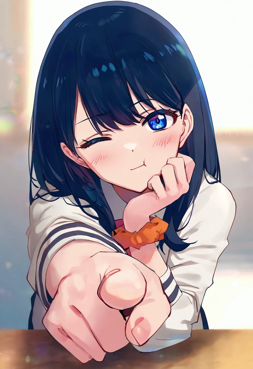 masterpiece,best quality,newest,absurdres,highres,
takarada rikka,1girl,solo,
artist:koruri,artist:haoni,artist:deadnooodles,artist:mishima_kurone,artist:yd orange maru,year 2023,
black hair,smile,looking at viewer,one eye closed,pov,close-up,blue eyes,medium hair,
pointing at viewer,orange scrunchie,
:t,white shirt,school uniform,standing,cowboy shot,classroom,
bent over,head rest,head tilt,face focus,