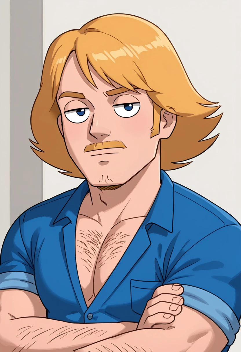 Terry Kimple, Male, Muscular, Blond hair, Facial hair, chest hair, body hair, middle age, blue shirt, portrait