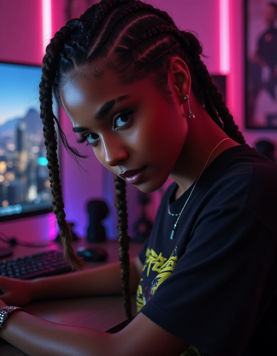 <lora:tyla-v2:1.4> amazingly detailed, masterpiece, ultra hd, full body, dynamic angle, beautiful girl ,biracial female with medium cornrow hair pulled back computer gamer, gaming computer, gaming chair, playing cyberpunk 2077, neon bedroom, streamer setup,  cyberpunk theme,  smokey eye shadow, high detail skin, high detail eyes, seductive eyes, smokey makeup, slender body, toned body, perfect face, slim athletic body, (perky small breasts:1.9) , (cold attitude, eyeshadow, eyeliner:1. 6) (Vintage  Art Game Style T-Shirt) , vibrant colors, beautiful, dramatic lighting, shallow depth of field, Ultra-realistic, beautiful lighting