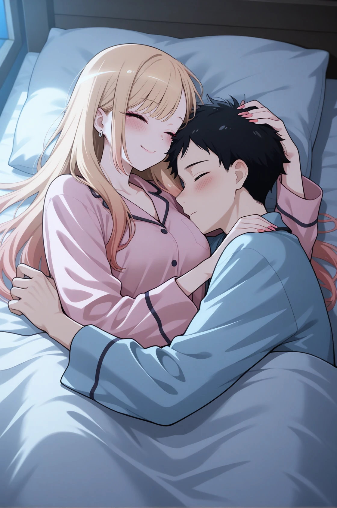 an adult girl, Blonde, blue eyes, loose hair, lying in her bed with a somewhat sick face, in pink full body pajamas, There is an adult boy next to her sitting on the bed to take care of her., black hair, black eyes 