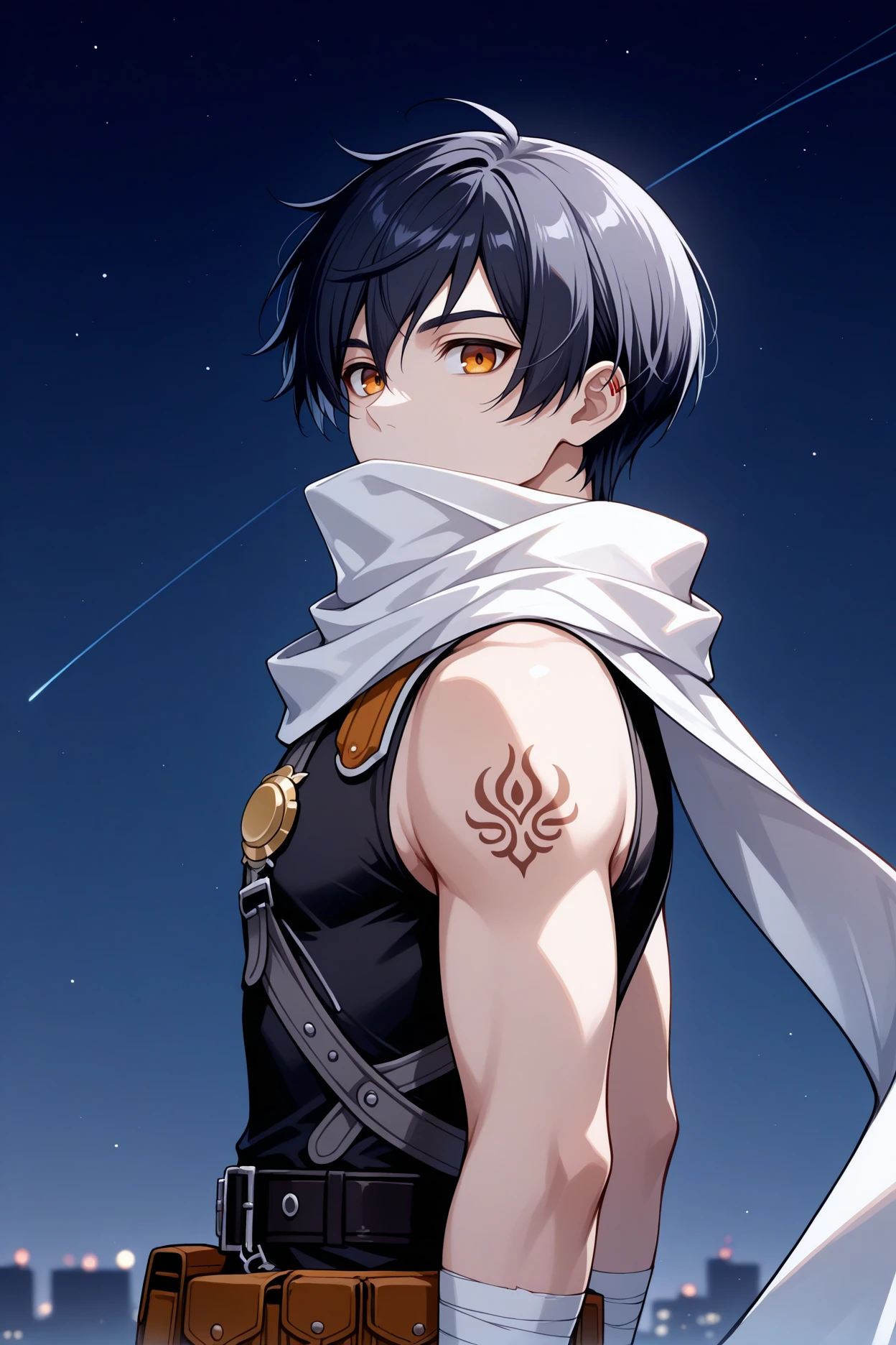 masterpiece, best quality, 1boy, male focus, solo <lora:joshuabright-illu-nvwls-v1-000006:1> scJsha, black hair, short hair, amber eyes, shoulder tattoo, white scarf, sleeveless shirt, black shirt, badge, black straps, black belt, belt pouch, grey pants, bandaged hands, covered mouth, from side, night sky, looking up, expressionless, looking at viewer, upper body