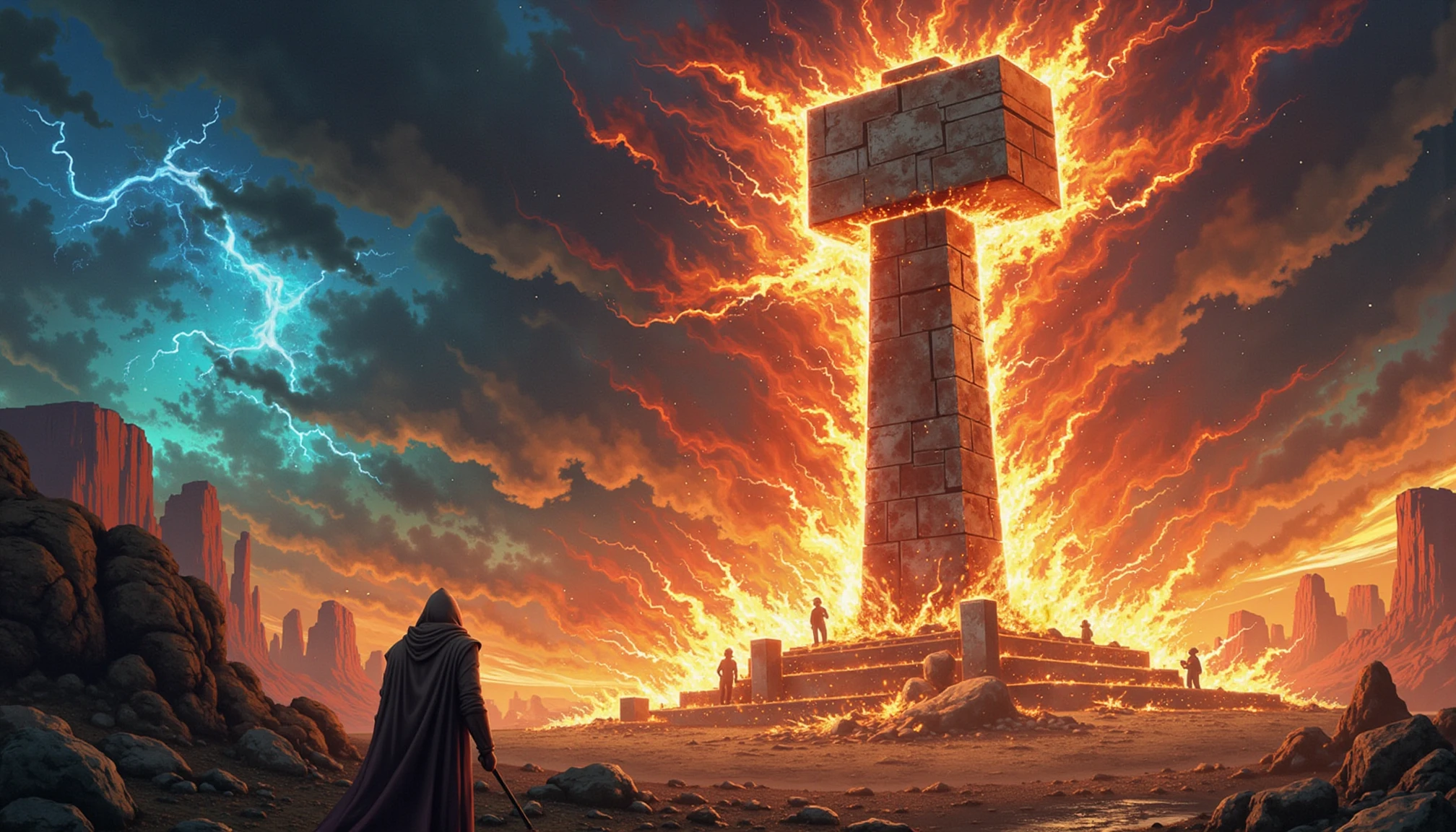 art illustrating insane amounts of raging elemental energy turning into the  Sledge-O-Matic  sledgehammer monument of the old ones. , avatar of elements. magical surrealism, wizardry. best quality, high resolution