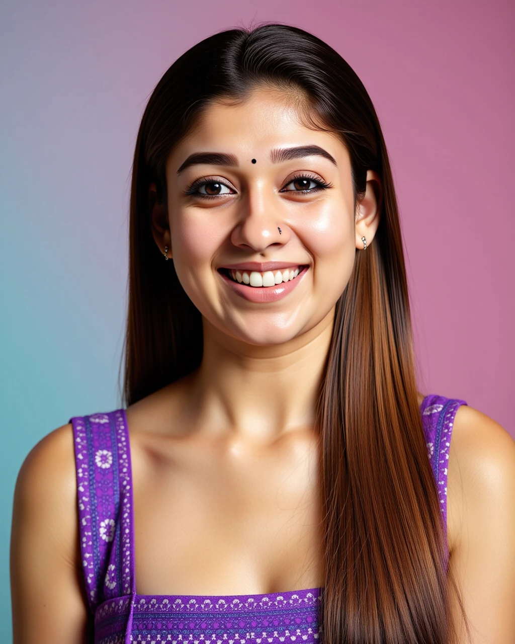 headshot photo of Nayanthara woman,hyper realistic candid photo with natural colors, grinning expression on face,studio quality, wearing intricate conservative sleeveless Purple Bandhani Dress, straight hair, pastel shaded multicolored background, cinematic soft lighting<lora:TestBed\Nayanthara_2024_Flux_Kohya_LoRA_v1.safetensors:1.0:1.0>