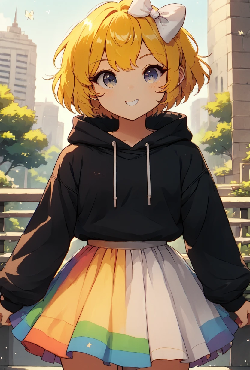 <lora:xmattarchan-10:1> xmattarchan, short hair, skirt, long sleeves, bow, black hoodie, yellow hair, white bow, multicolored skirt, looking at viewer, smiling,  <lora:Bluethebone_Style_PonyXL:1> bluethebone style, score_9, score_8_up, score_7_up, masterpiece, best quality