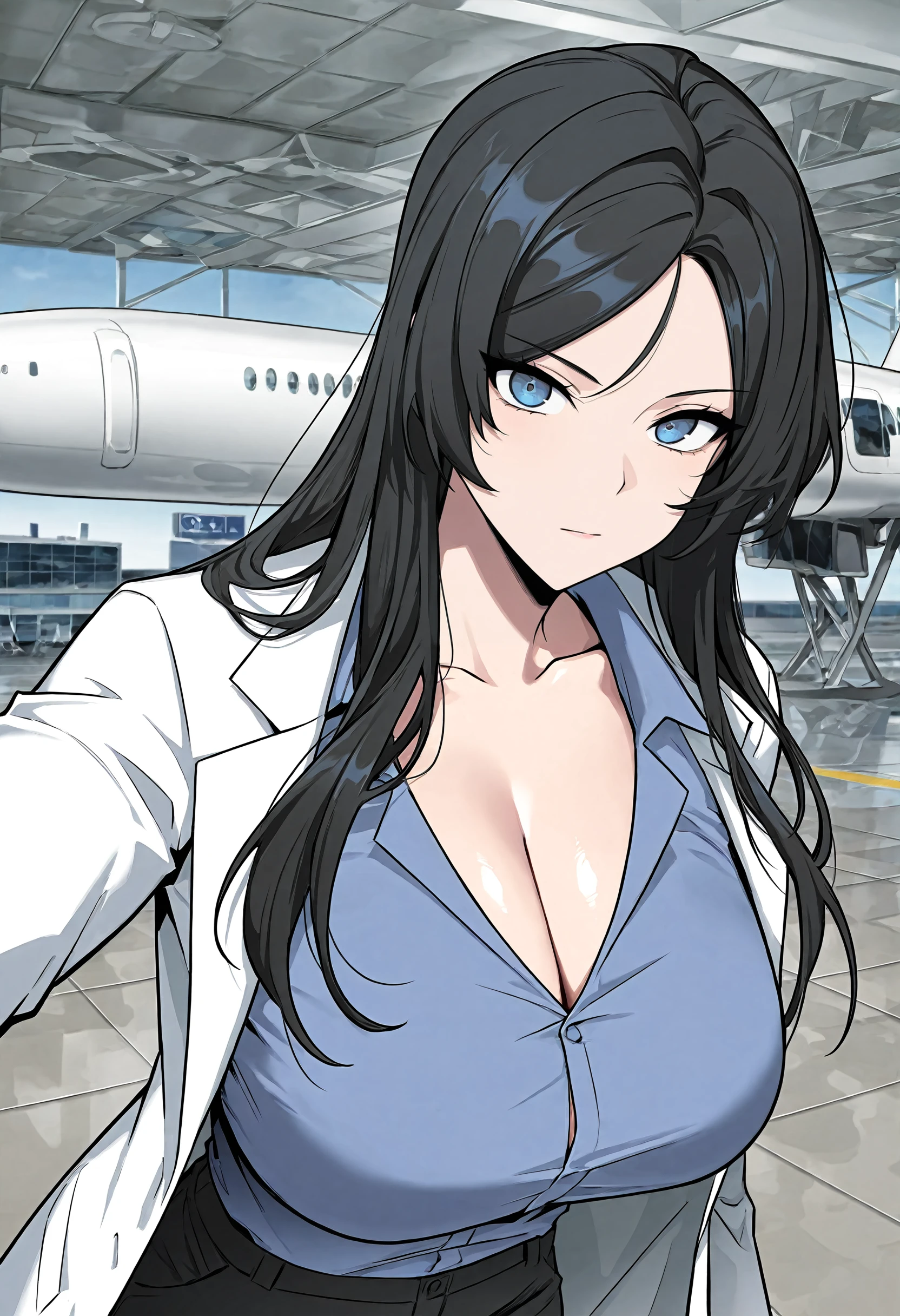 masterpiece, best quality, amazing quality, very aesthetic, absurdres, newest, scenery, 1girl, solo, huge breasts, <lora:Chloe Laurent illustxl:1> long hair, black hair, blue eyes, parted bangs, white lab coat, long sleeves, blue shirt, collared shirt, collarbone, cleavage, black pants, upper body, airport, outside, looking at viewer, shiny skin, masterpiece, best quality, amazing quality, very aesthetic, absurdres, newest, scenery