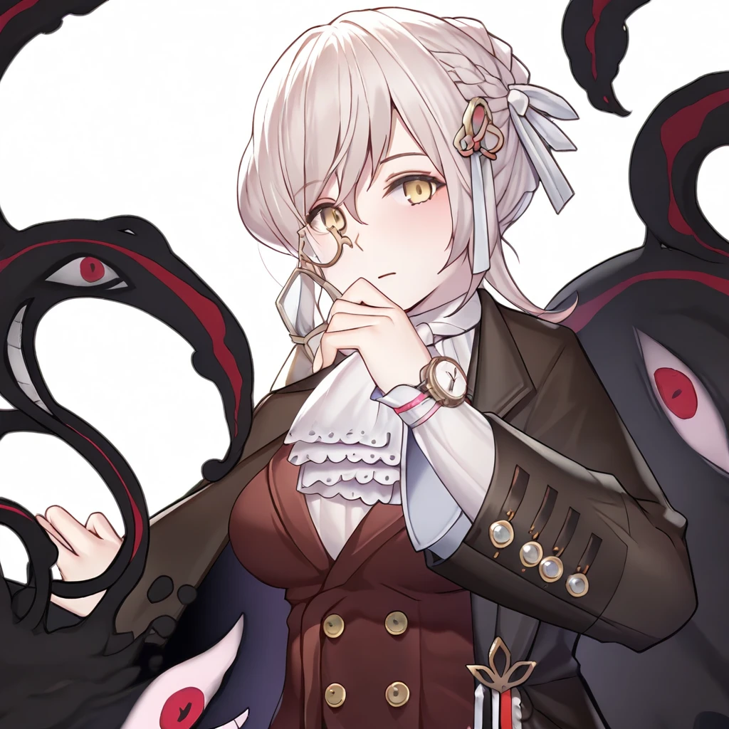 edel_meitner, monocle, 1girl, yellow eyes, white background, looking at viewer, watch, long sleeves, vest, braid, solo, eldritch abomination, simple background, coat, ascot, tentacles, white shirt, hair ornament, shirt, white hair, black coat, brown vest, closed mouth, white ascot, defaultoutfit<lora:EdelMeitnerIllustriousXL:1>, (masterpiece),(best quality),(ultra-detailed),(best illustration),(best shadow),(absurdres),(detailed background),(very aesthetic),