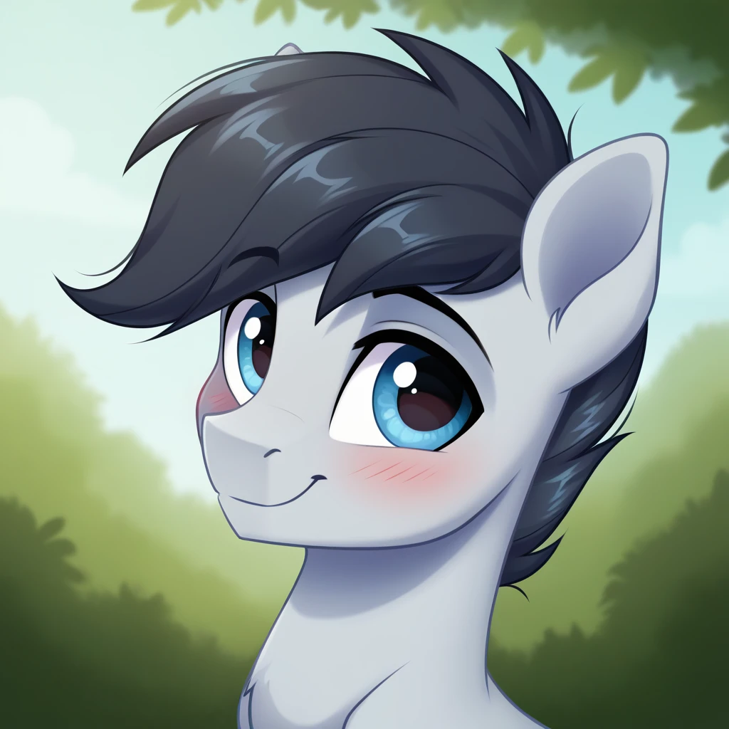 score_9, score_8_up, score_7_up, score_6_up, score_5_up, score_4_up, g4, cartoon, my little pony, source_pony, pony, cute, solo, male, stallion, shady_daze_(mlp), light grey body, blue eyes, black mane, black tail, happy, smile, blushing, closed mouth, looking at you, high res, detailed, beautiful, beautiful, detailed, detailed fur, beautiful, beautiful pony face, portrait, face, bust, big jaw, wide jaw, big chin, wide chin,