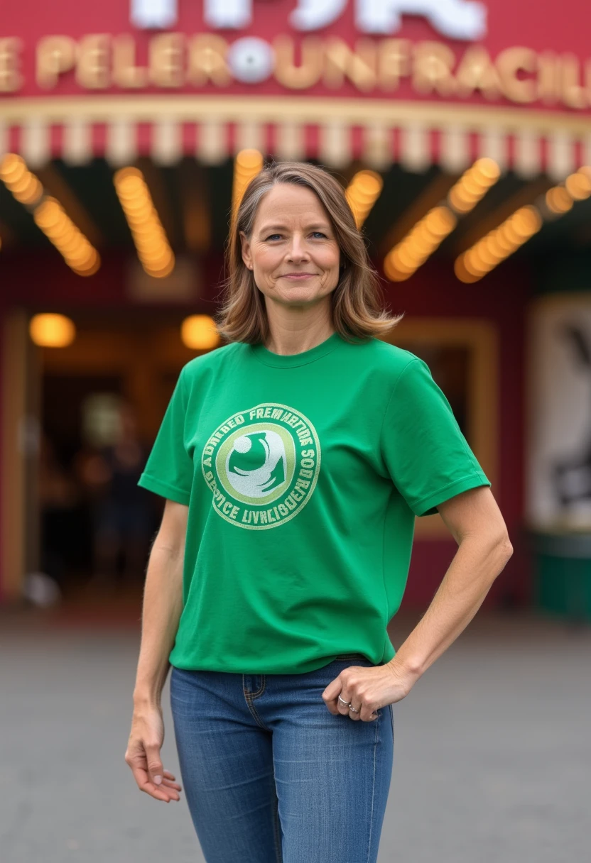 A photo of TOK in a green t-shirt with logo and jeans, shoulder length short hair, in front of a movie theater