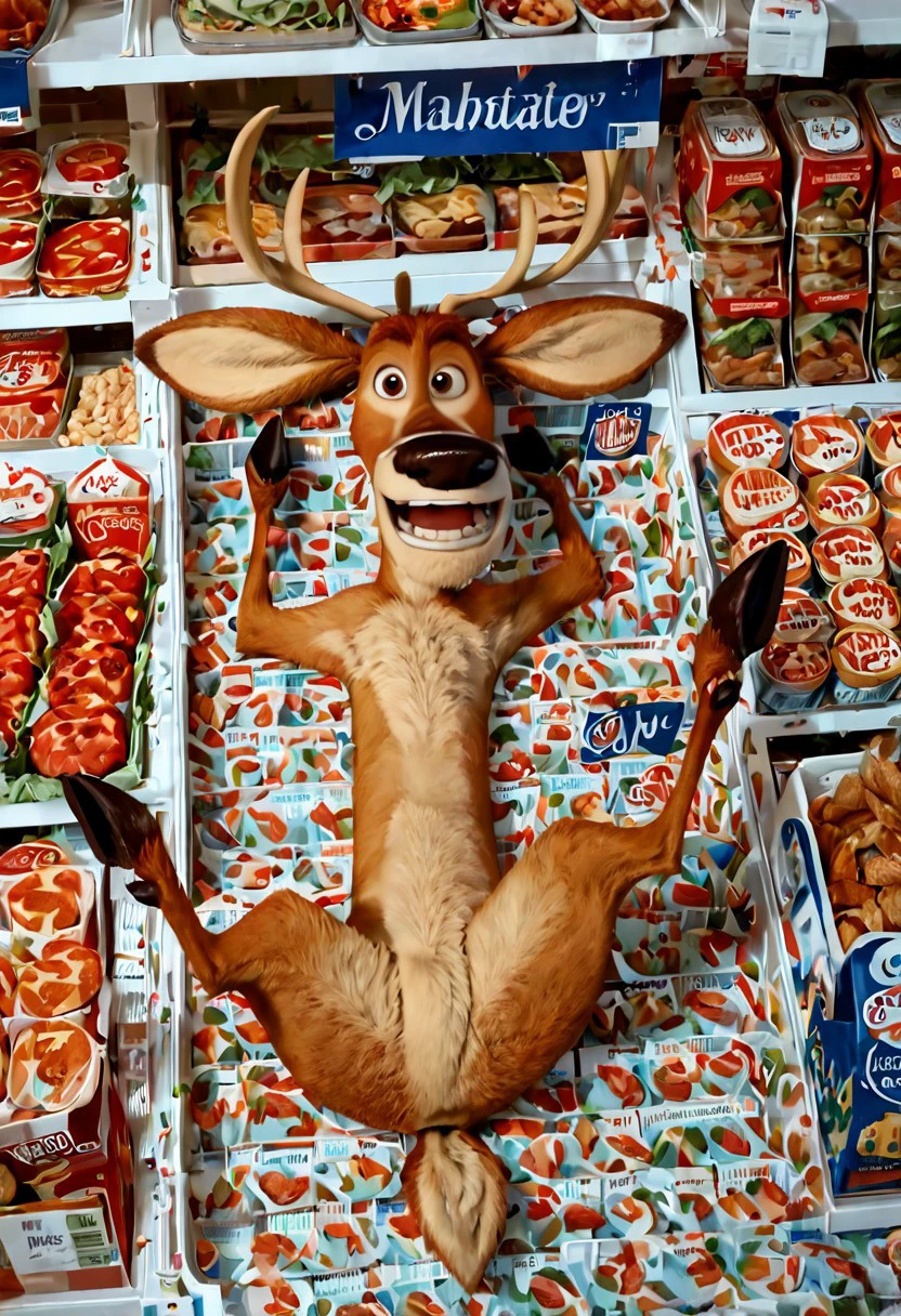 score_9, score_8_up, score_7_up, easynegative, (Open_Season), (solo, deer, Elliot, brown eyes, one antler, tail) Elliot, short, laying on back, legs sprawled out, food on ground, in grocery store, open mouth, smiling, realistic, masterpiece, detailed face, detailed