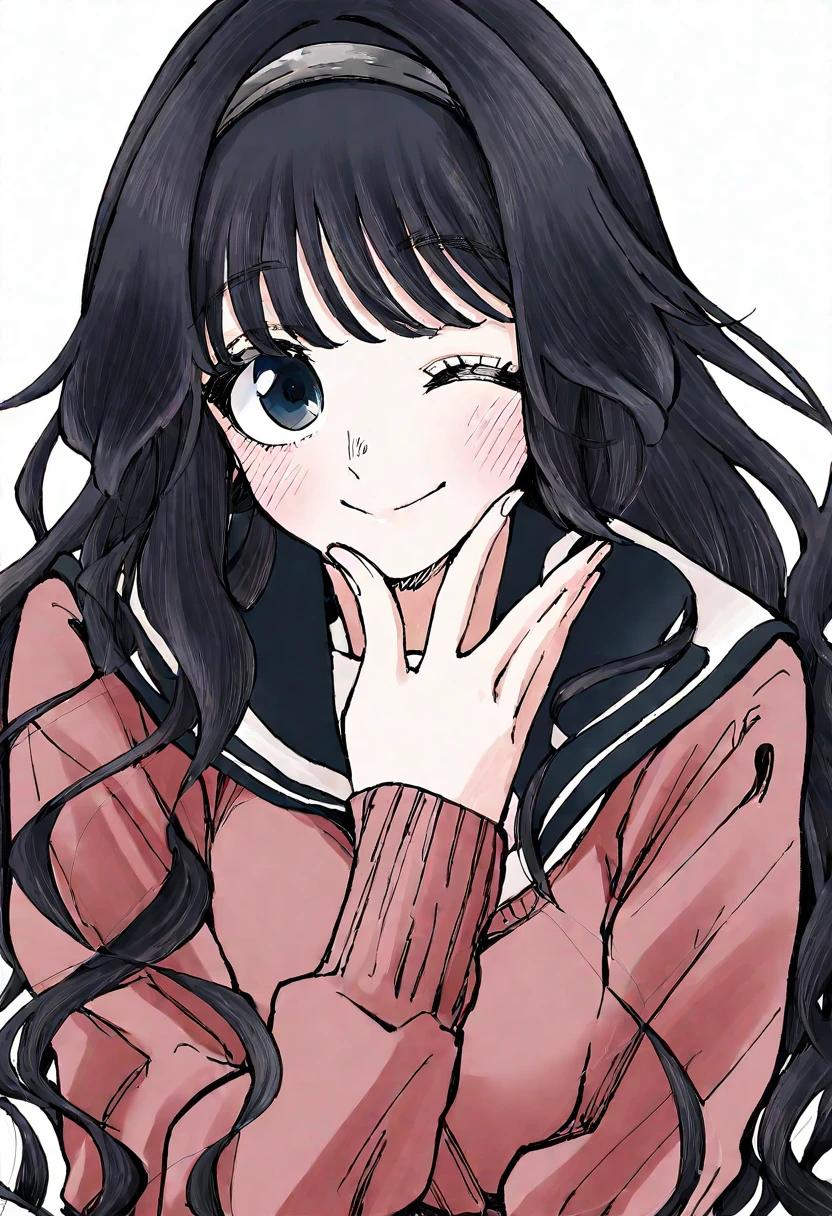 <lora:Character_Waguri Kaoruko - IL:1> waguri kaoruko, long hair, looking at viewer, blush, smile, blue eyes, black hair, long sleeves, white background, closed mouth, school uniform, upper body, hairband, one eye closed, serafuku, sailor collar